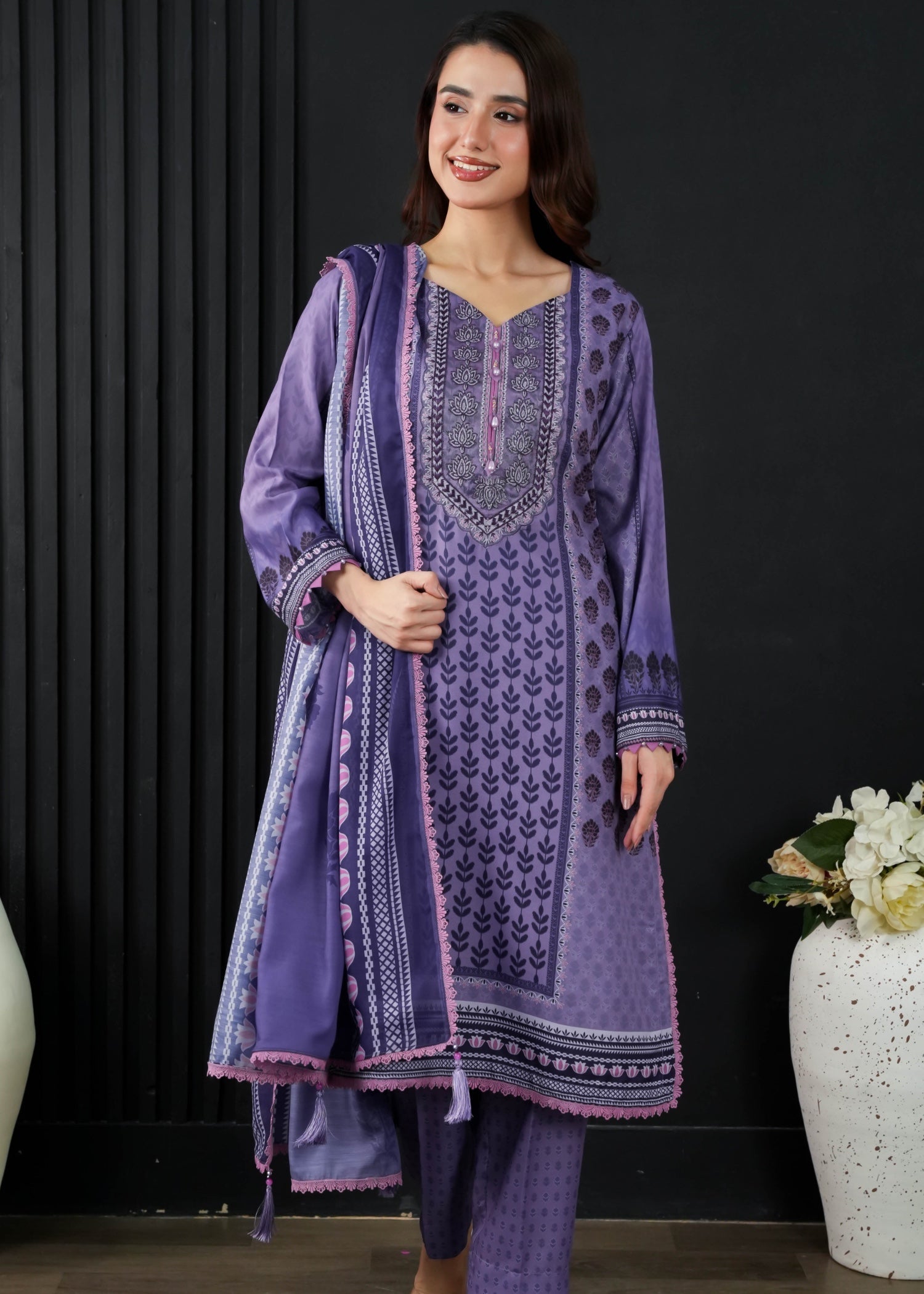slub cambric Kurta Set in Heathered lilac