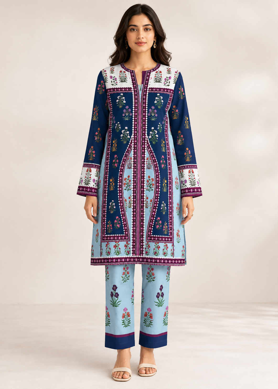 lawn Unstitched in Ice blue, navy blue, white