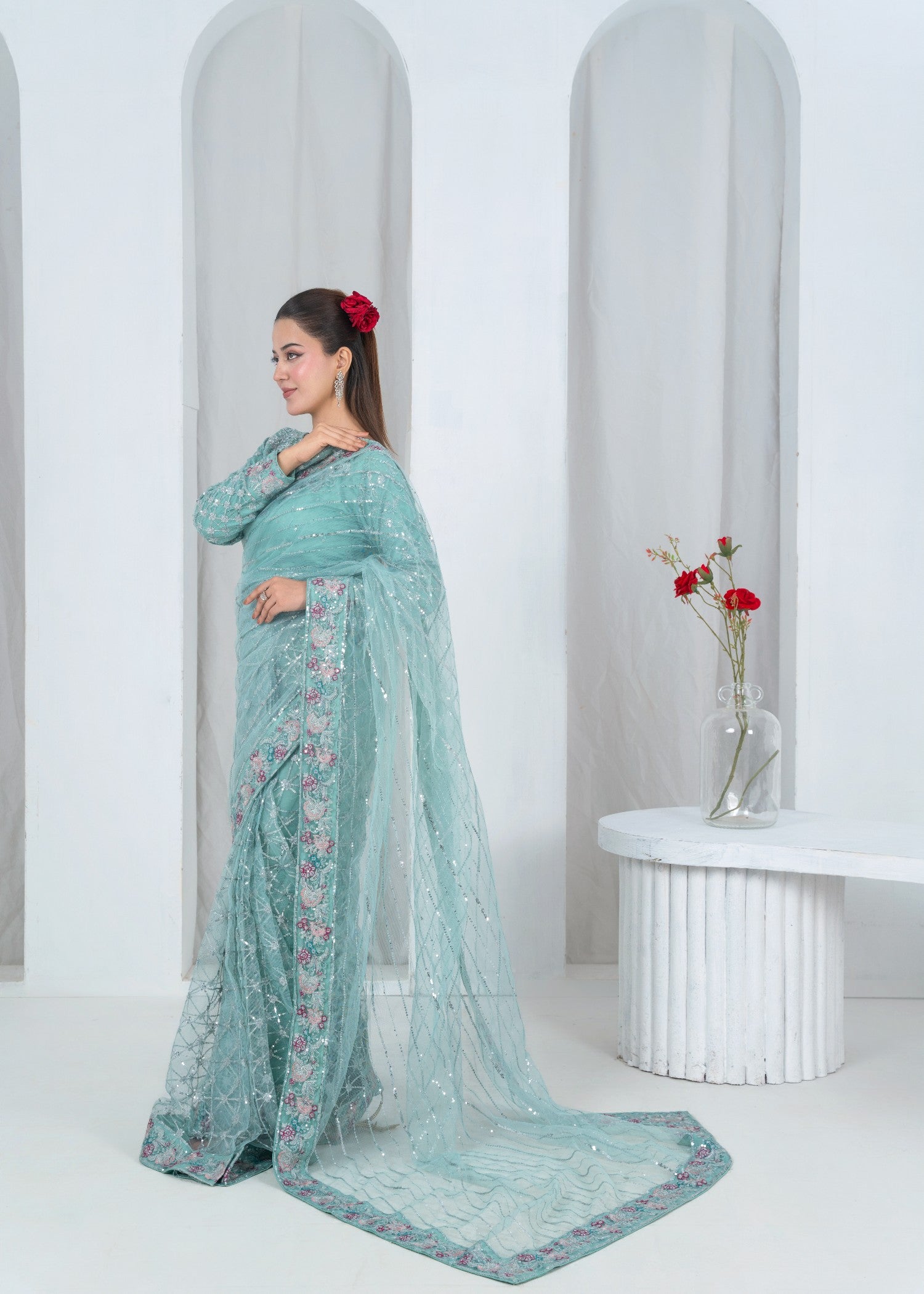 net Saree in Teal