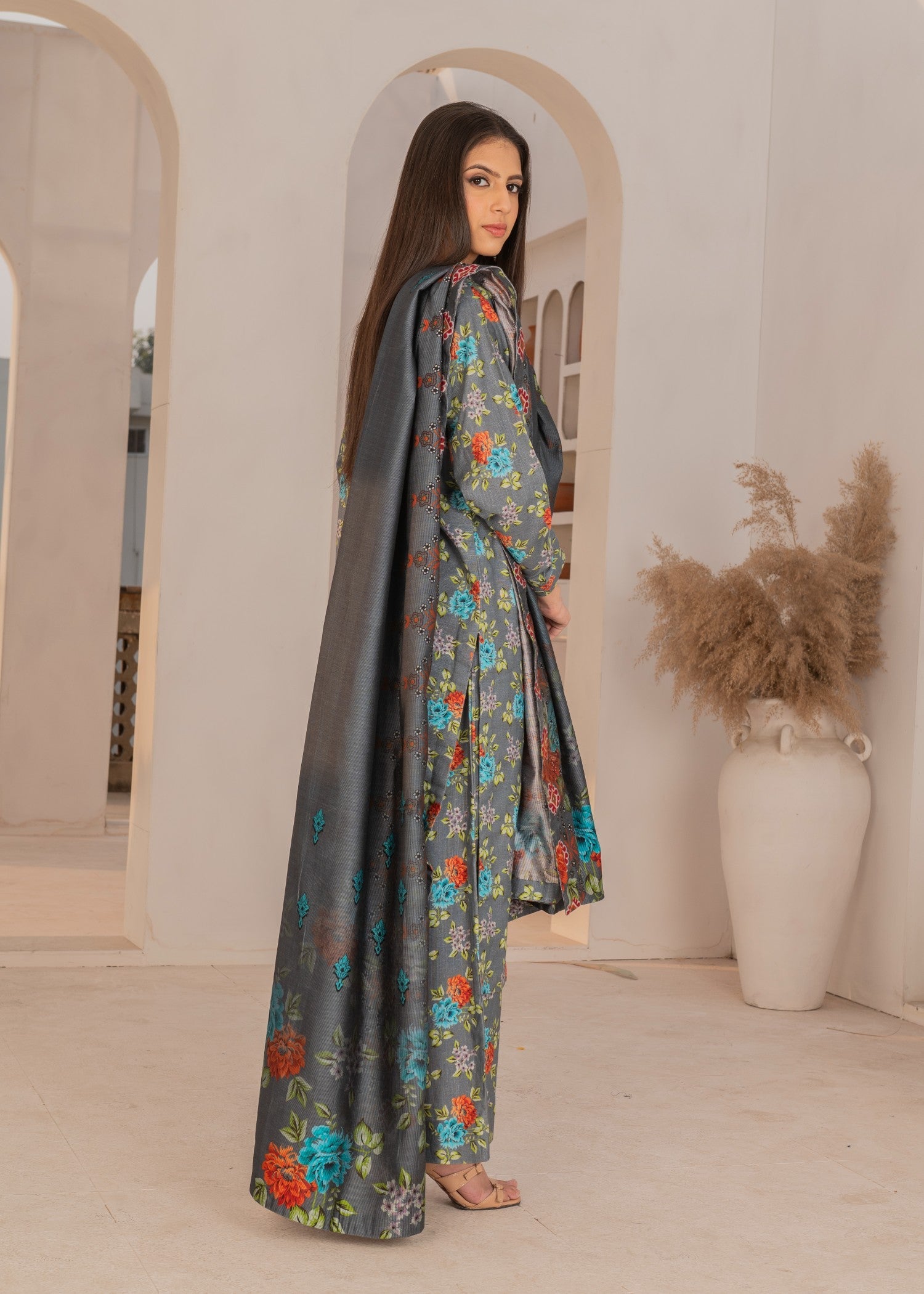 khaddar Kurta Set in Slate grey