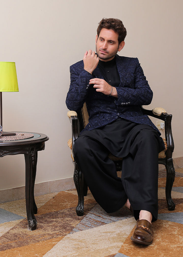 banarsi silk Prince Coat in Navy blue