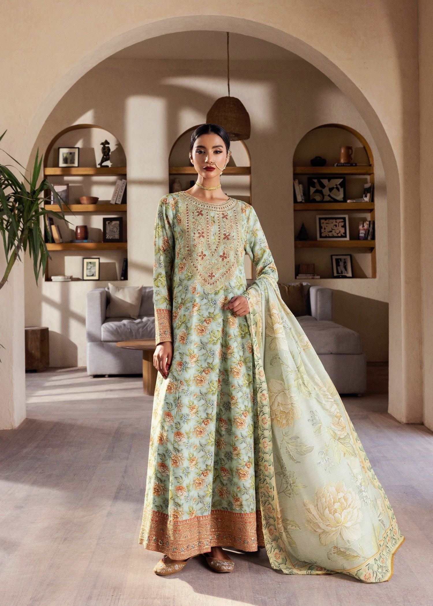 raw silk Pishwas in Pastel green