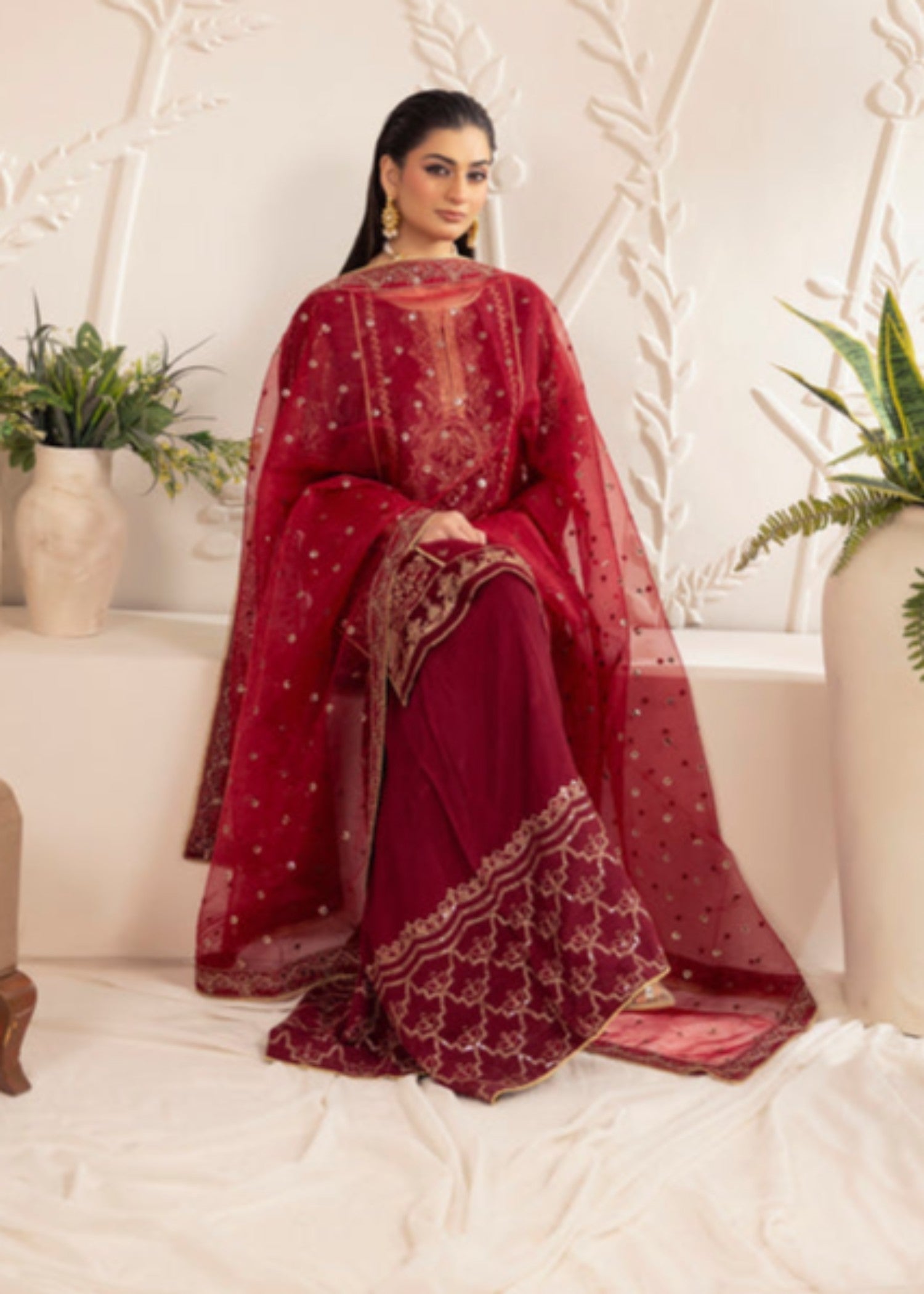 bemberg crinkle chiffon Gharara in Maroon