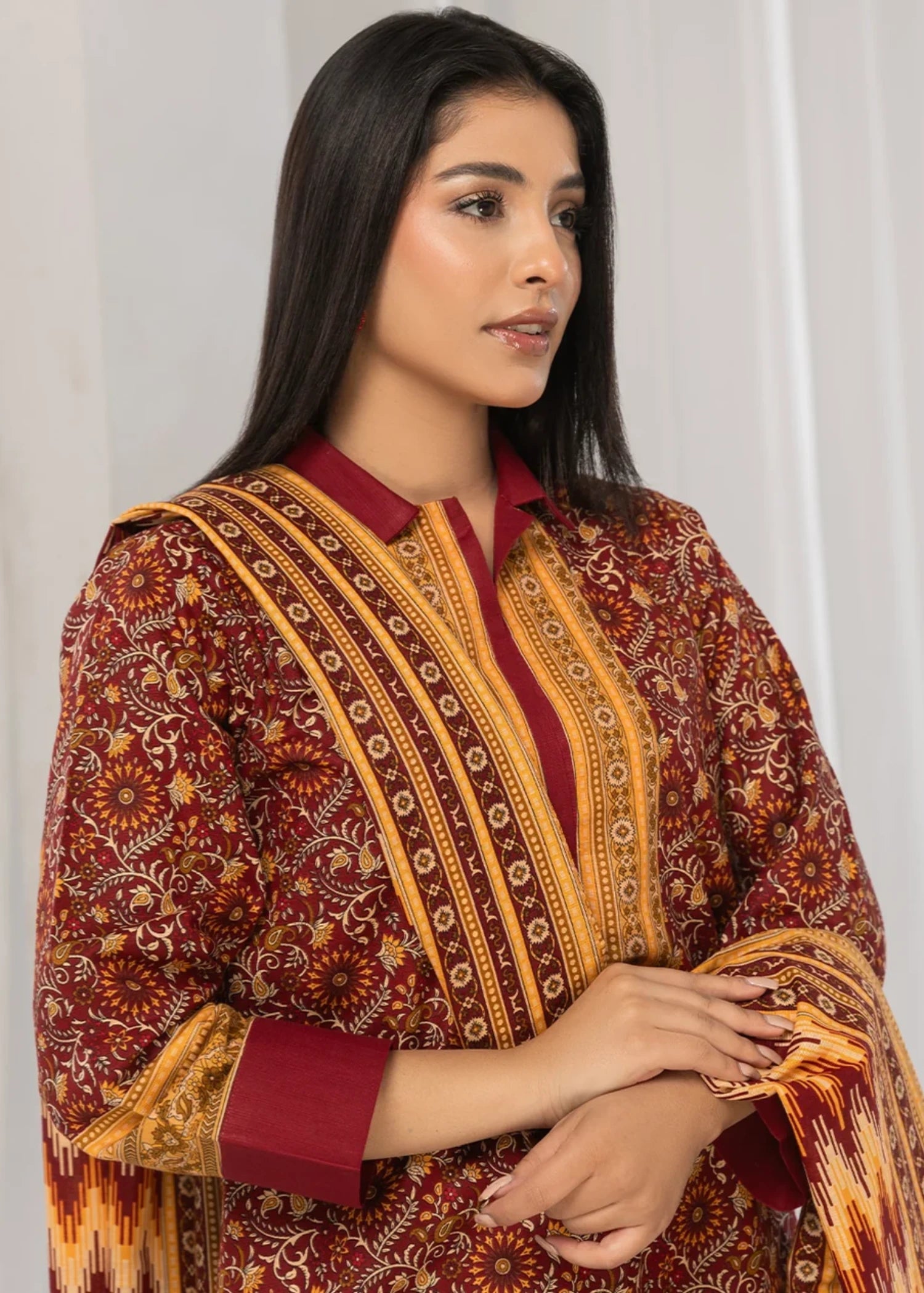 khaddar Unstitched in Burgundy, beeswax