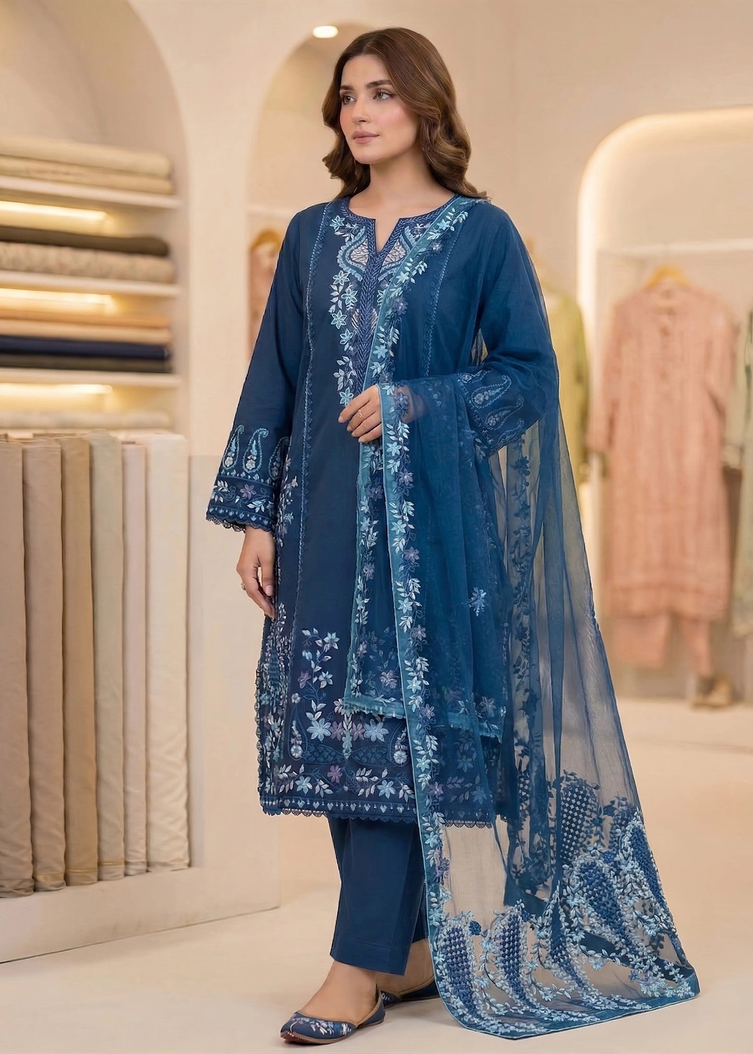 lawn cotton Kurta Set in Ocean blue
