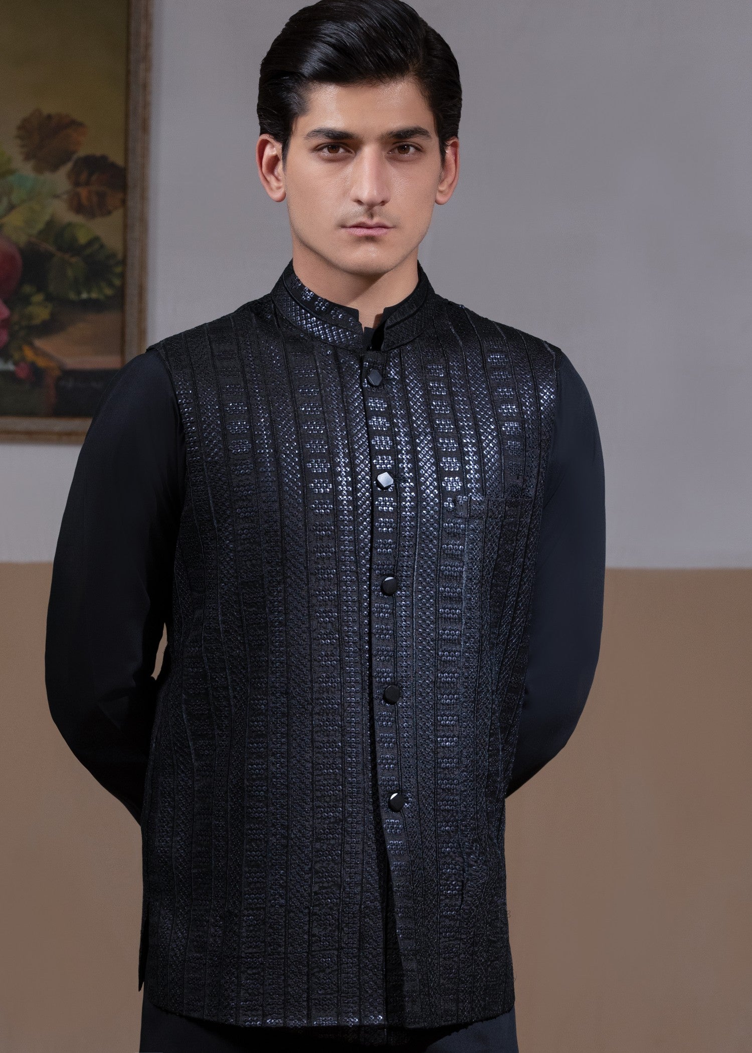 pk raw silk Waistcoat in Black