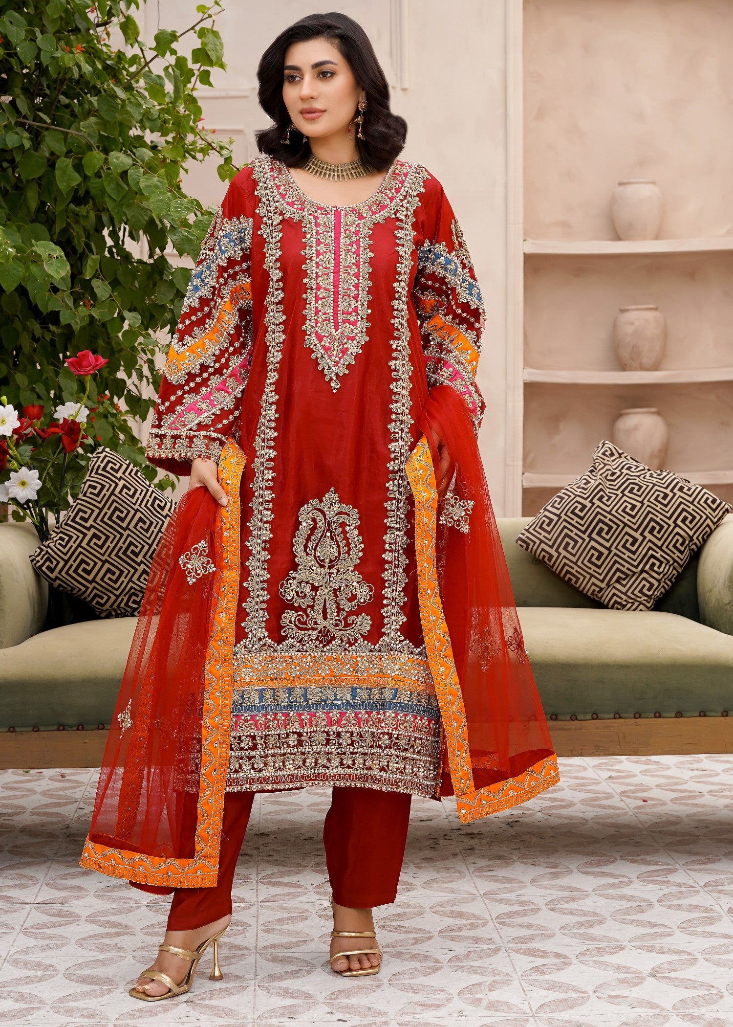 net Kurta Set in Ruby red