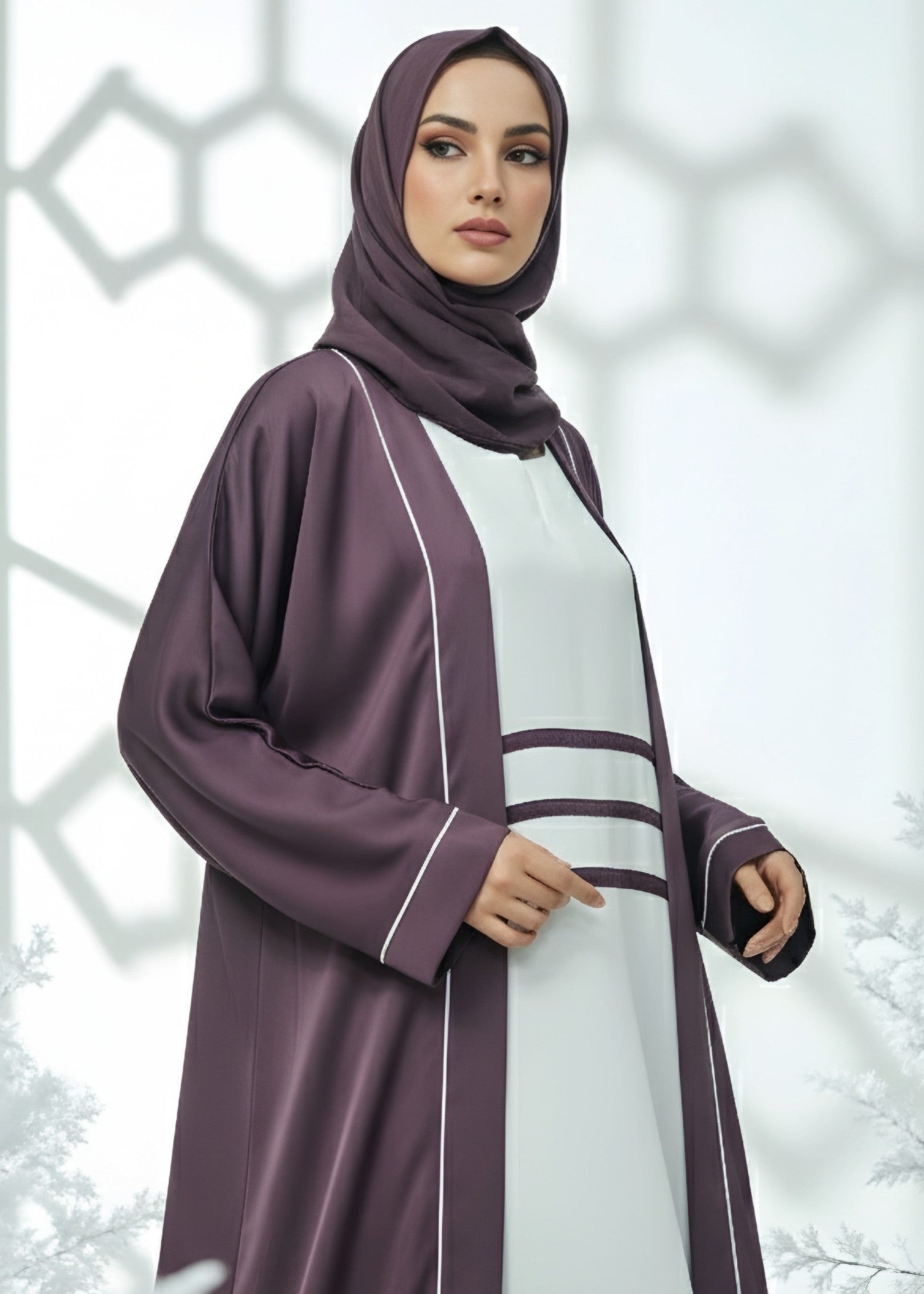 nidha blend Abaya in White, plum