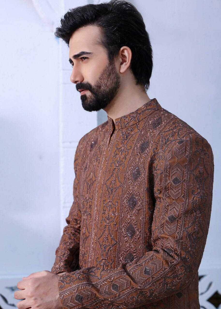 raw silk Sherwani in Brown
