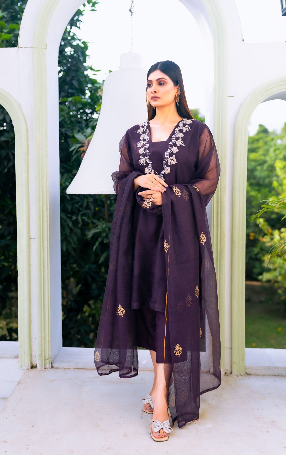 silk cotton net Kurta Set in Purple