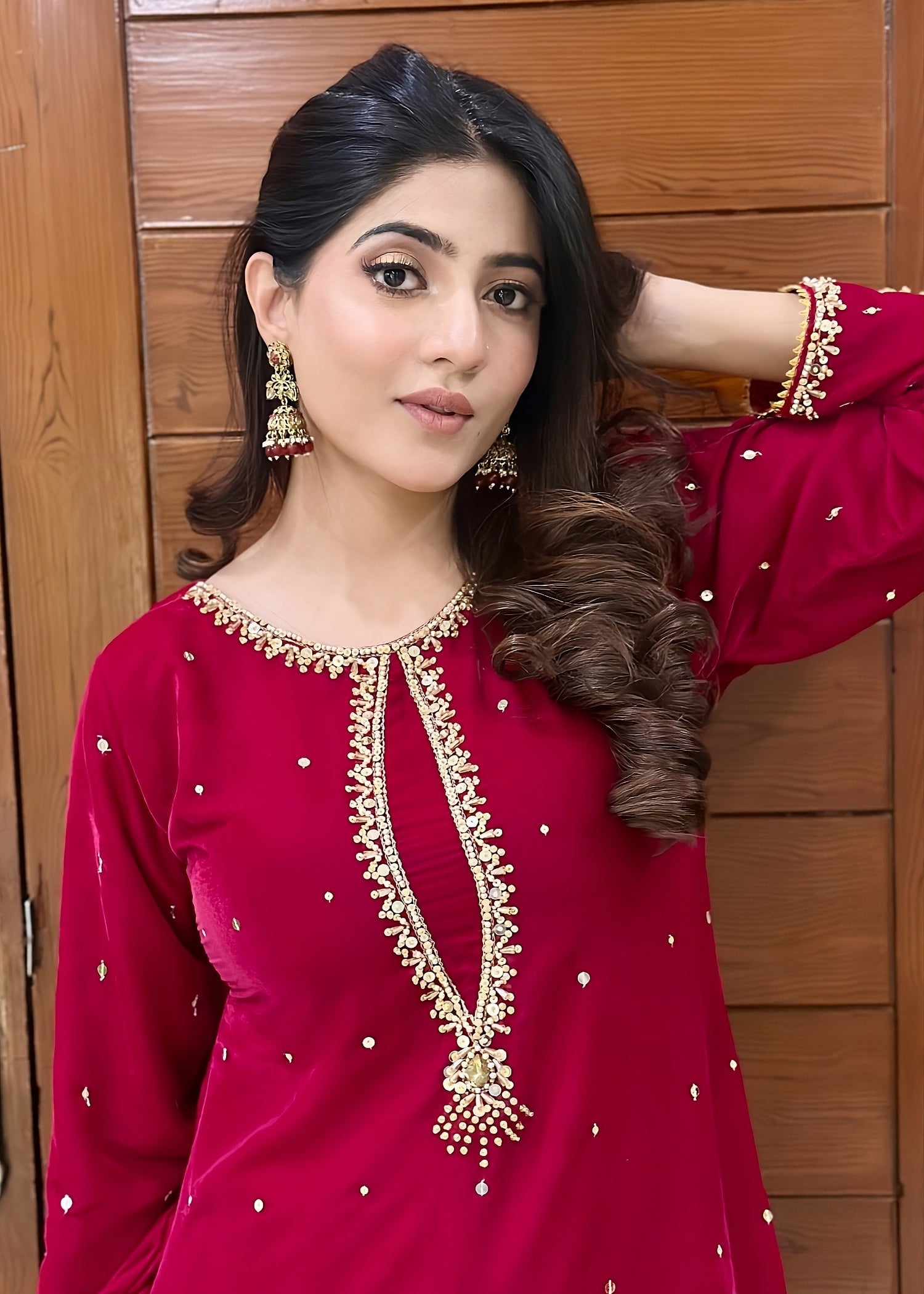 velvet Kurta Set in Raspberry pink