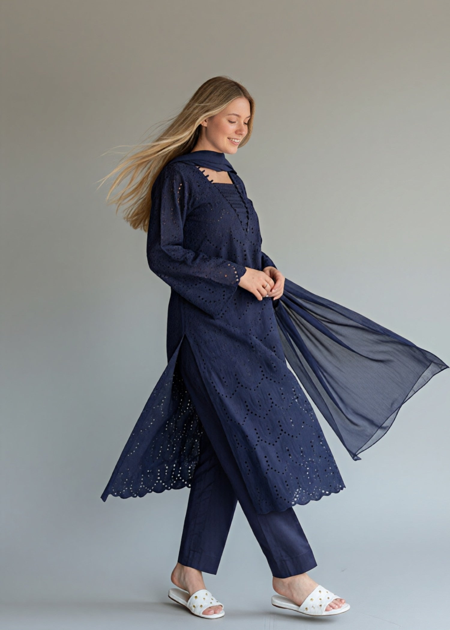 linen Kurta Set in Dark blue