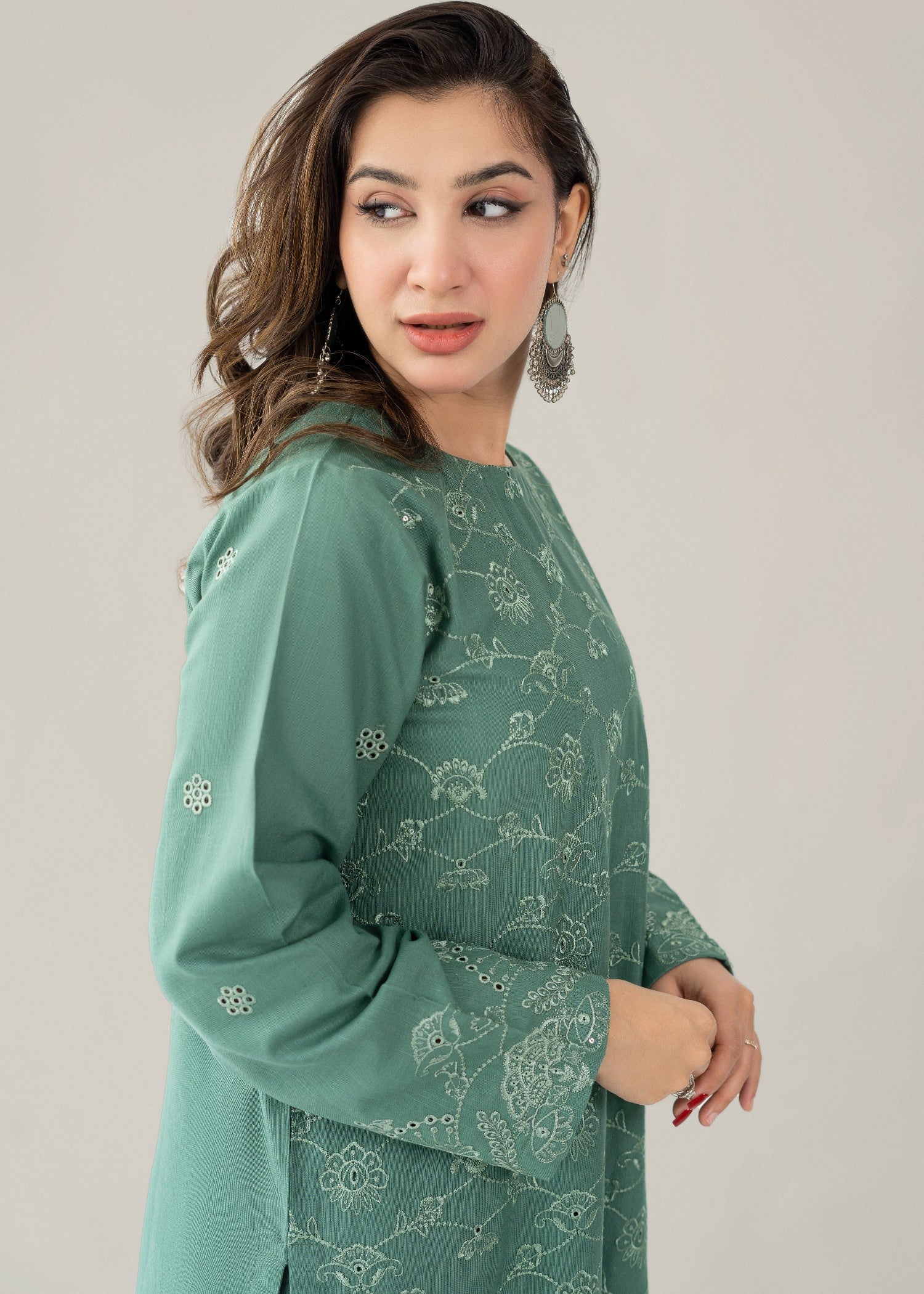 slub khaddar Kurta Set in Sea green