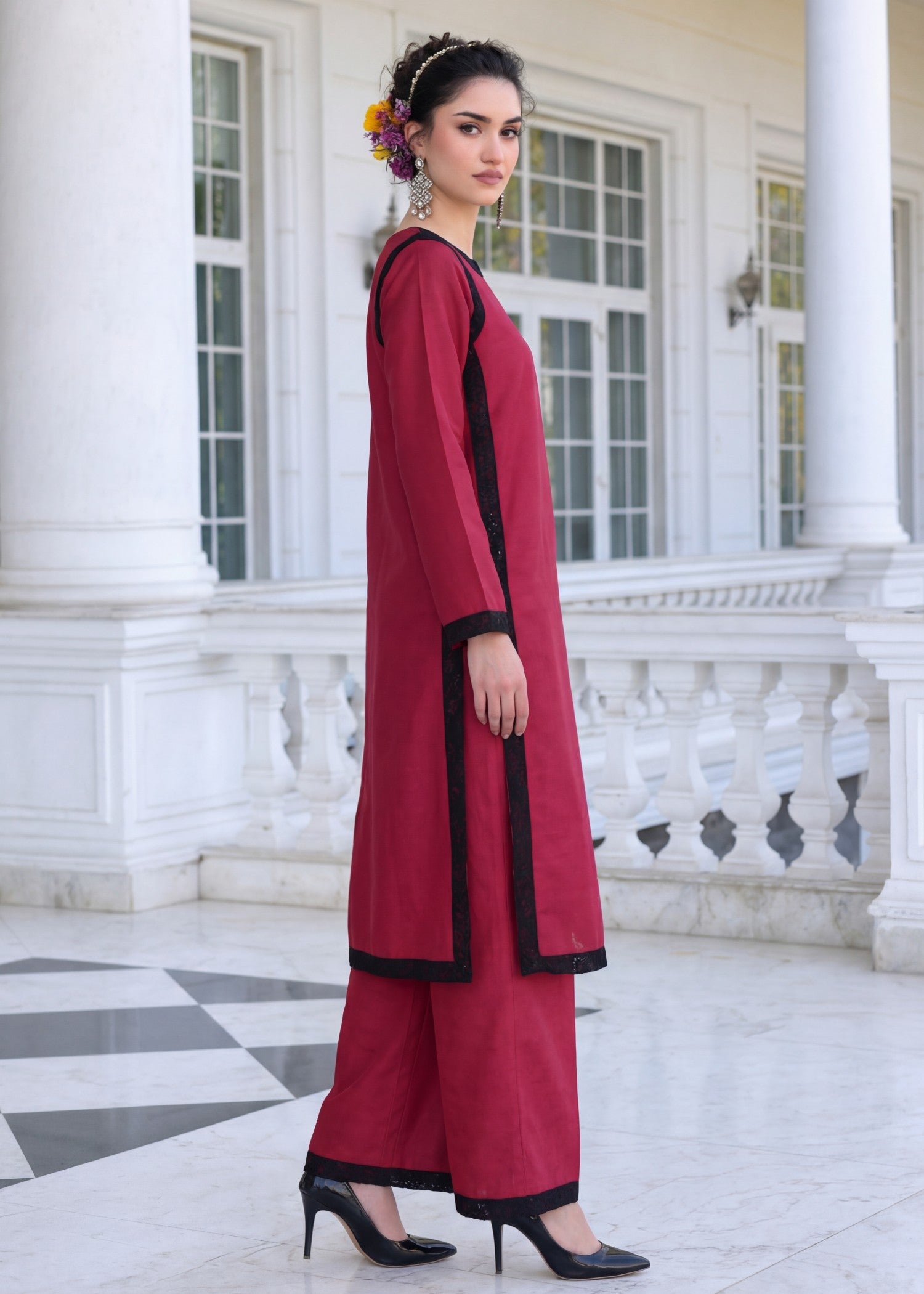textured lawn Kurta Set in Cardinal red