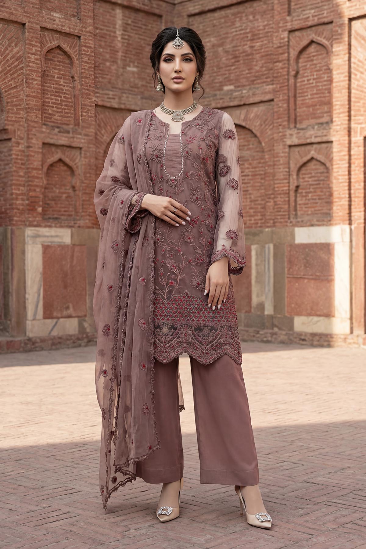 silk cotton net Kurta Set in Tan brown