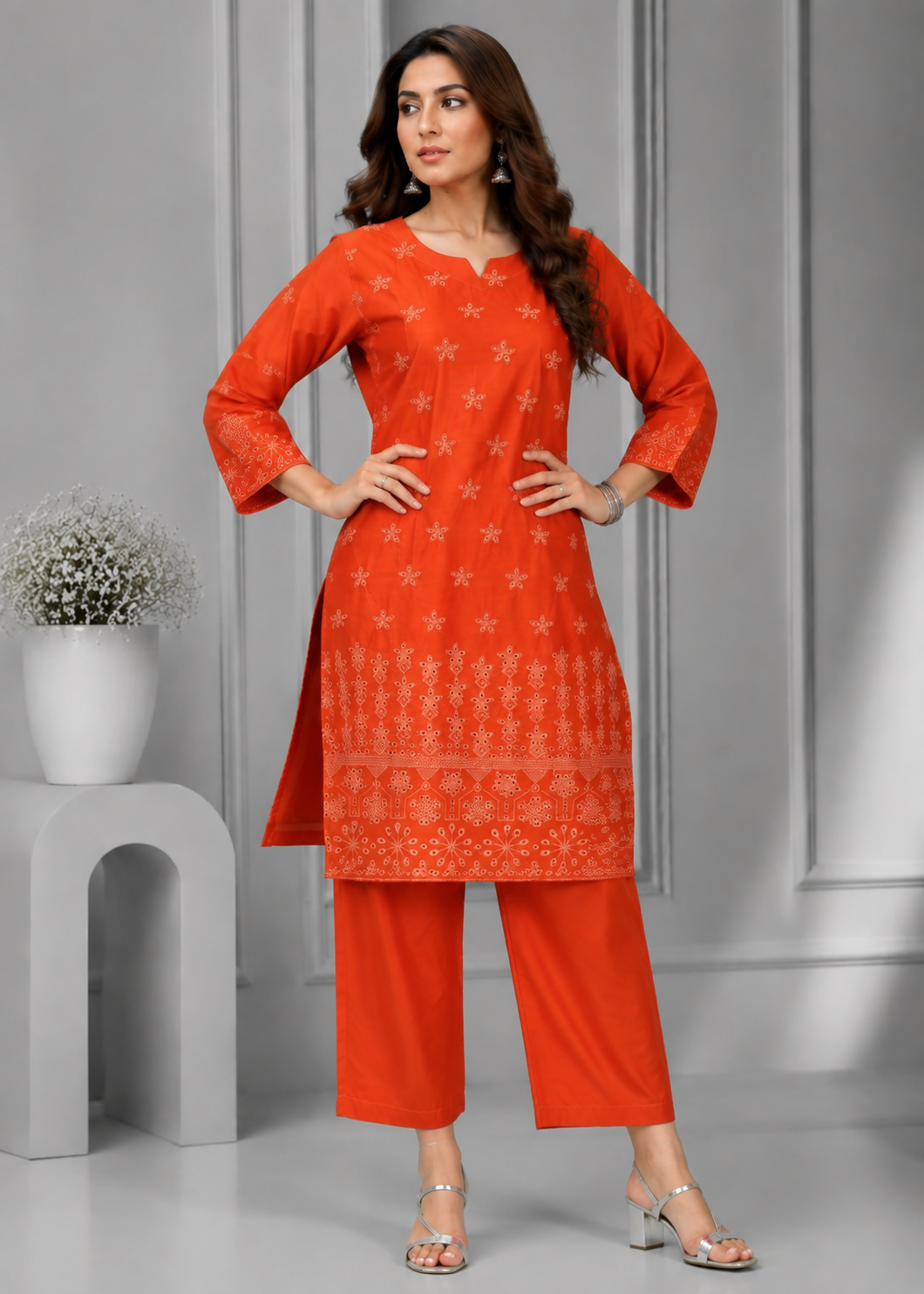 chikankari cotton Kurta Set in Coral orange