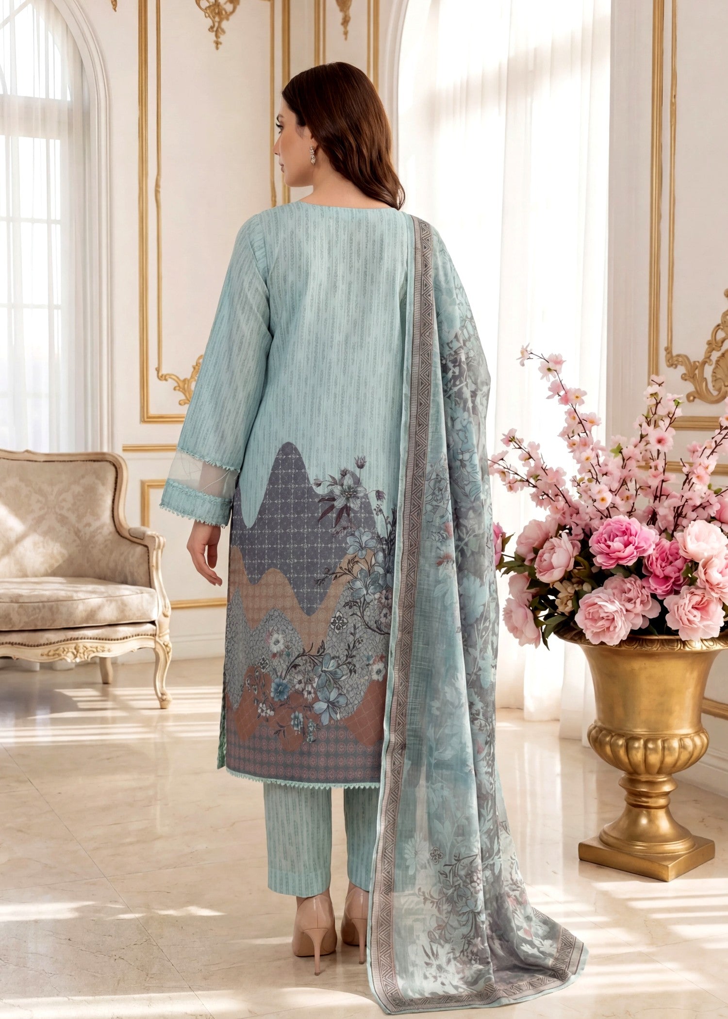 arabic lawn Kurta Set in Frost blue