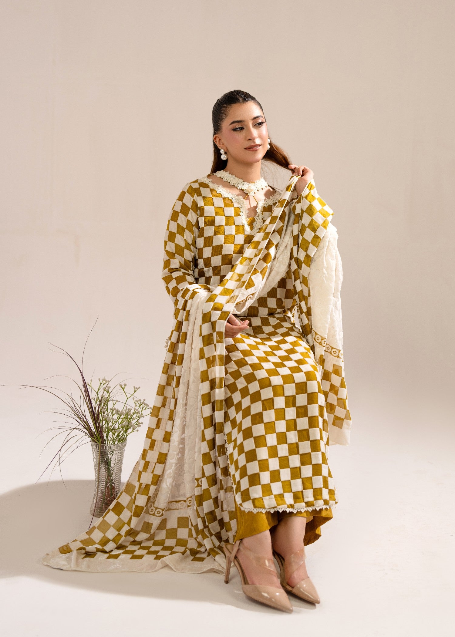 velvet Kurta Set in Mellow yellow