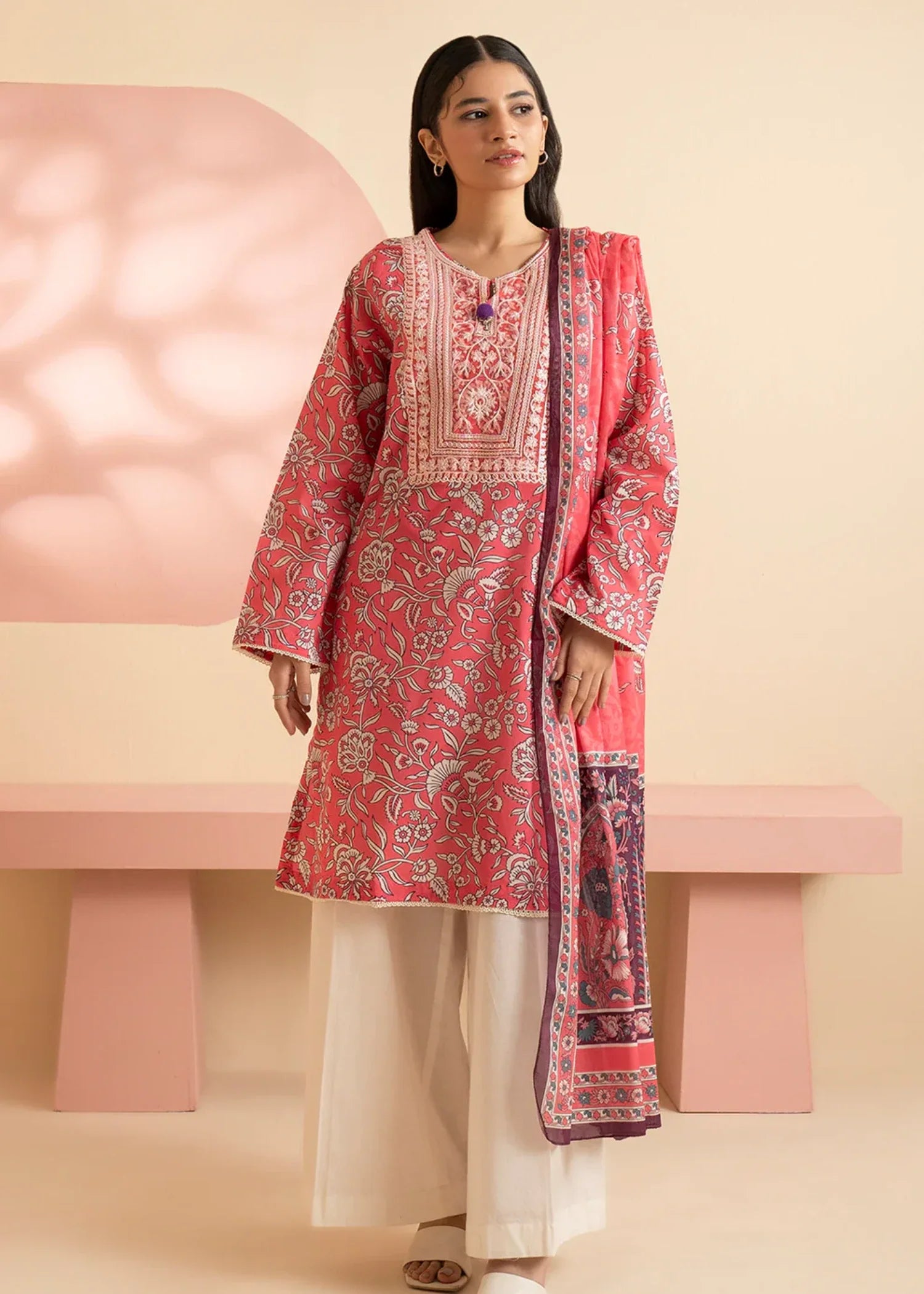 cambric Kurta Set in Coral red