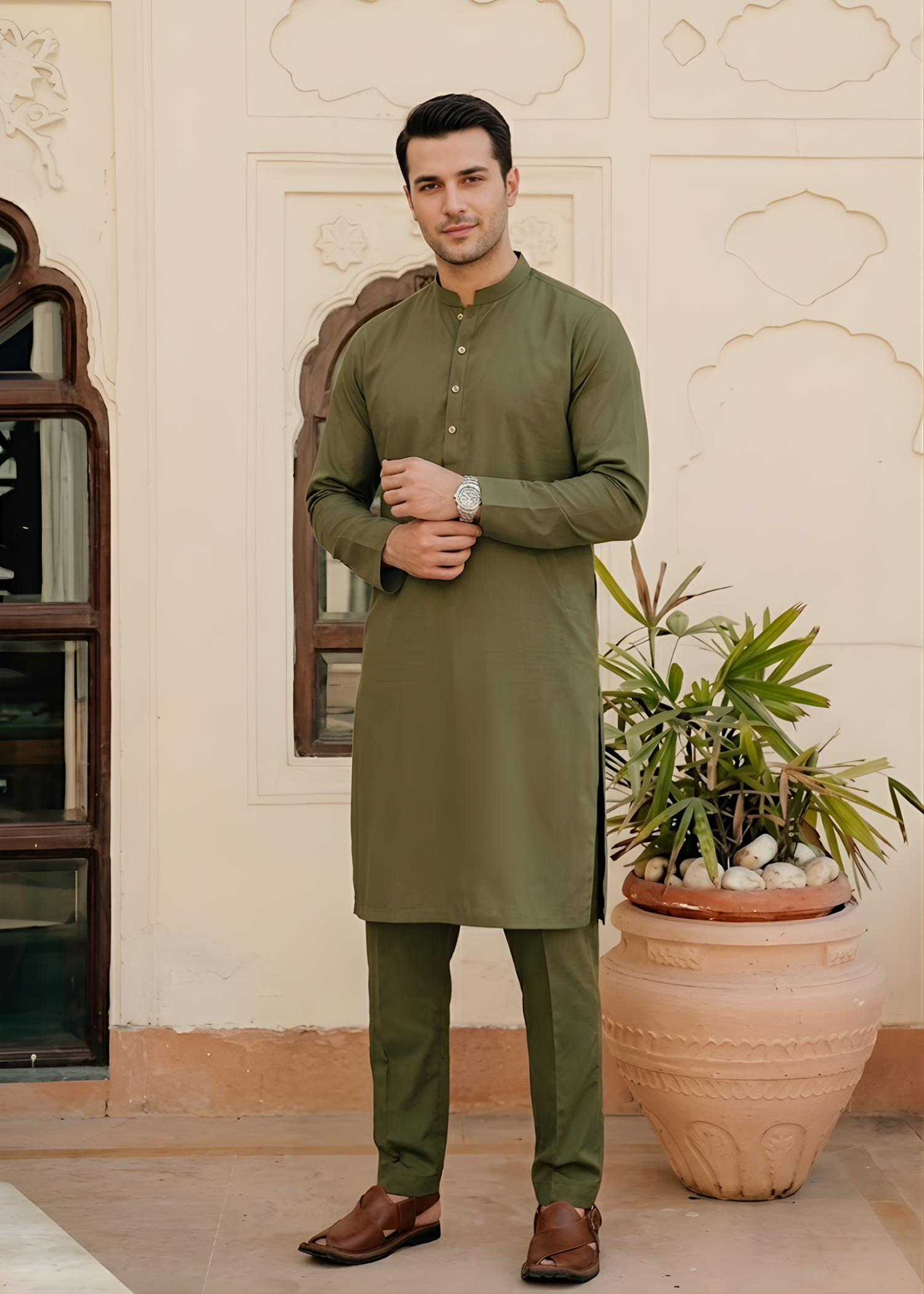 cotton Kurta Set in Olive green by Pinstripe