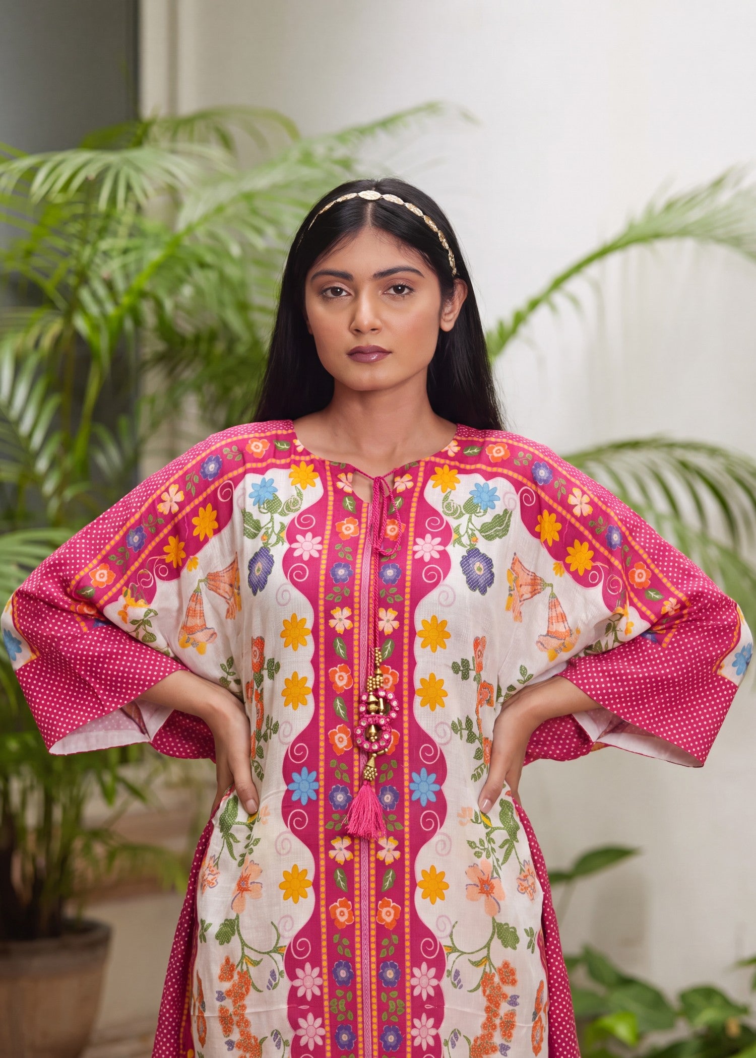 textured lawn Kaftan in Hot pink red