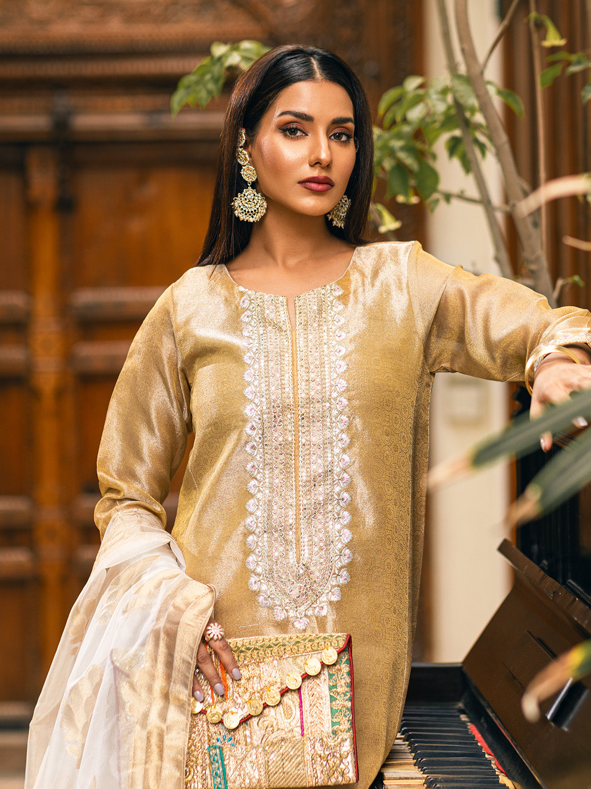 zari net Kurta Set in Beige