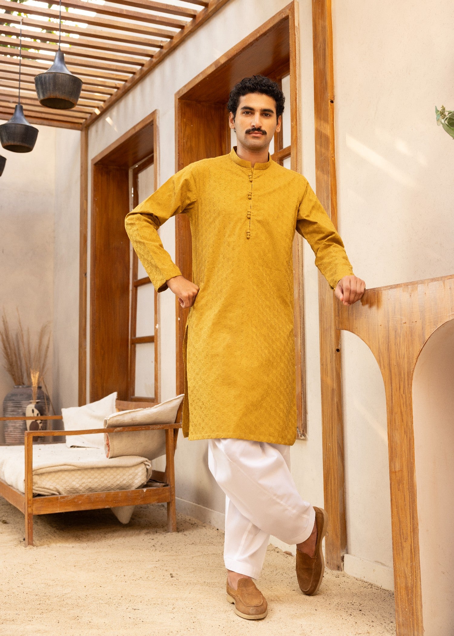 schiffli Kurta in Mustard