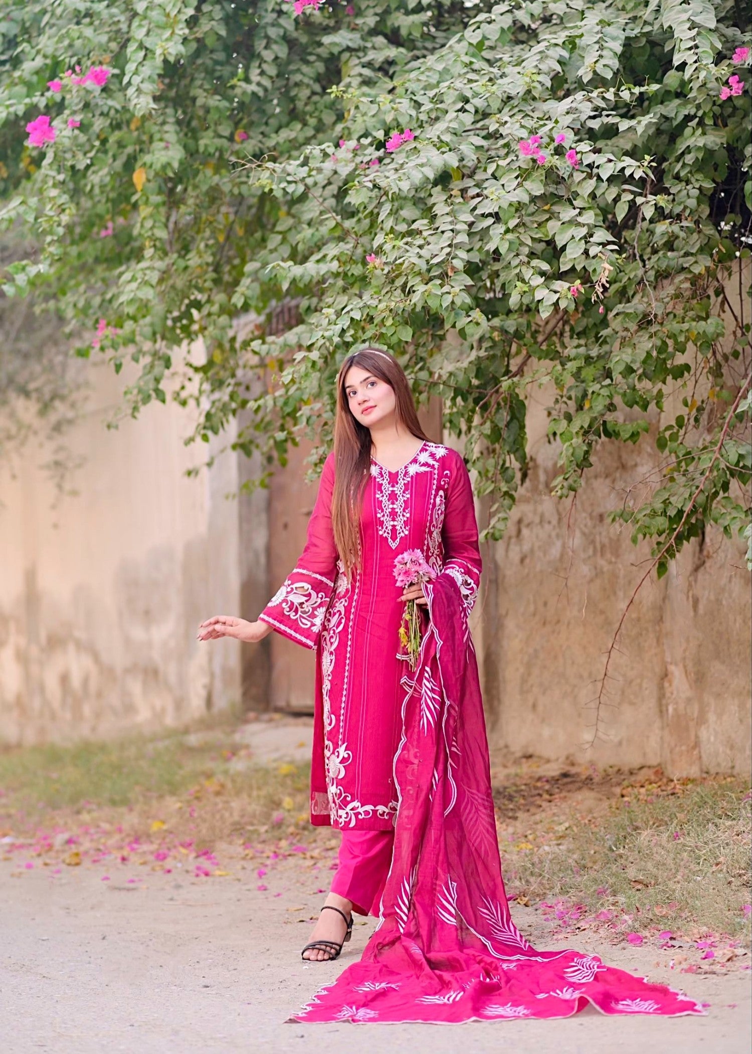 khaddi net Kurta Set in Hot pink