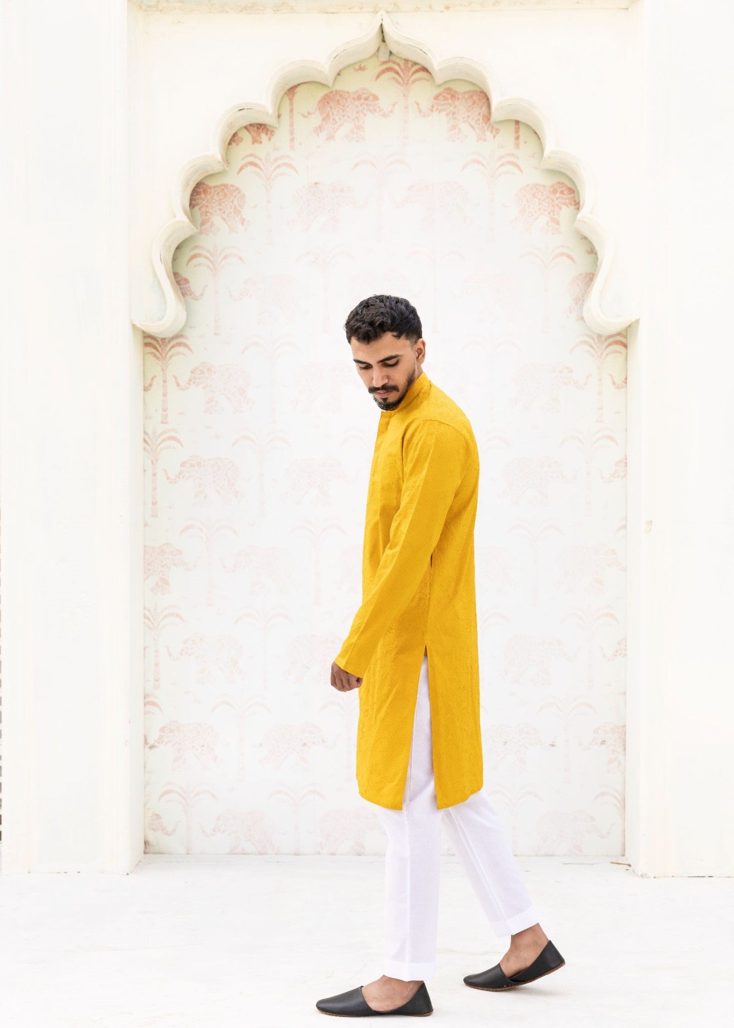 schiffli Kurta Set in Mustard