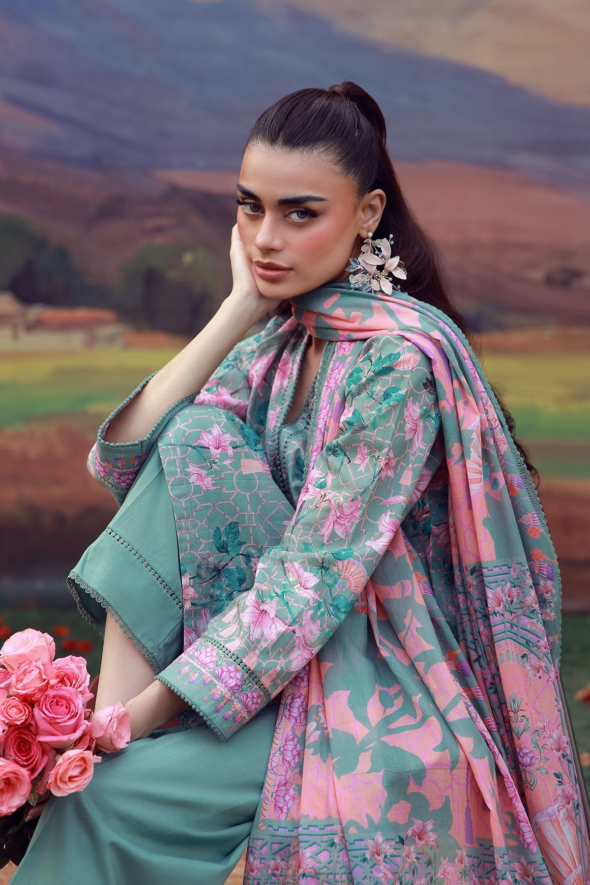 Mirha Lawn – Olive Blush Reverie