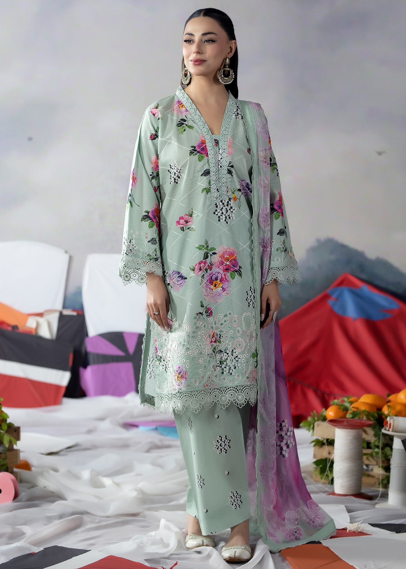 ribbed lawn Kurta Set in Tea green