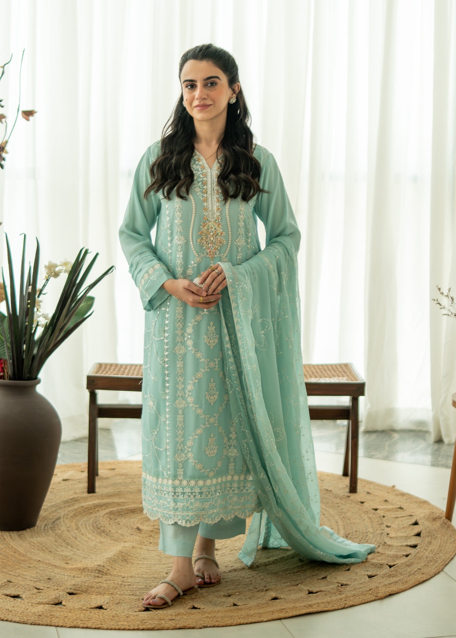 chiffon Kurta Set in Moss green