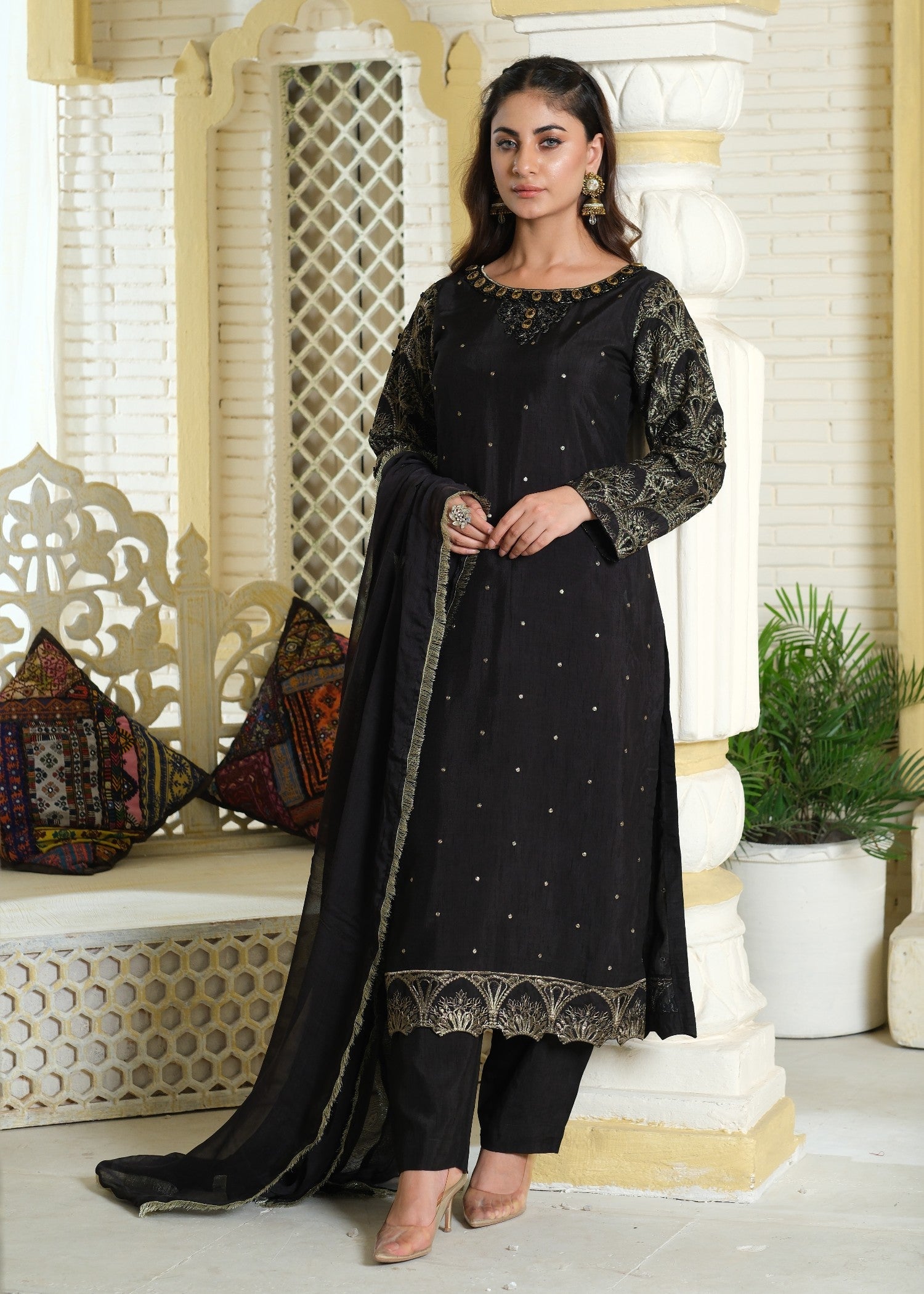 raw silk Kurta Set in Jet black