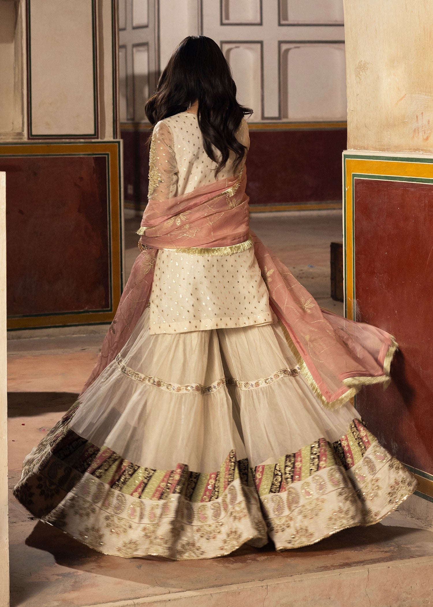 organza Gharara in Ivory