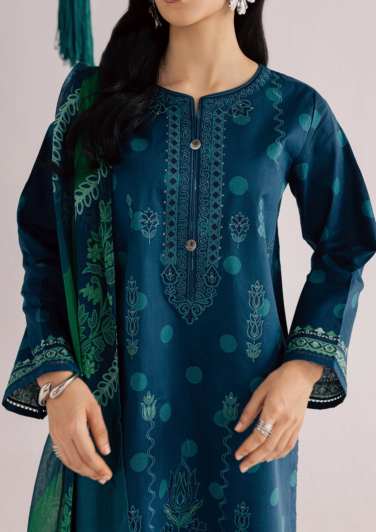 lawn Kurta Set in Prussian blue