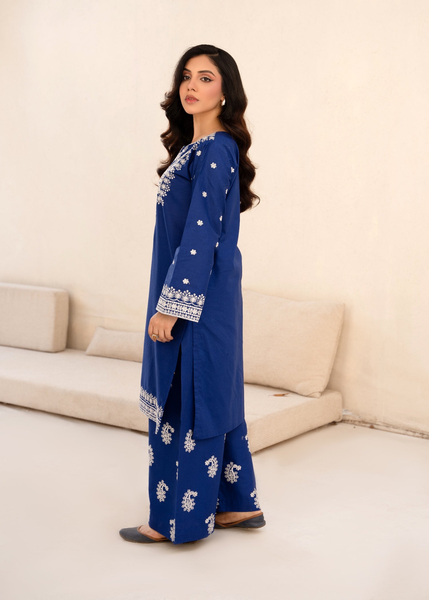 cambric Kurta Set in Royal blue