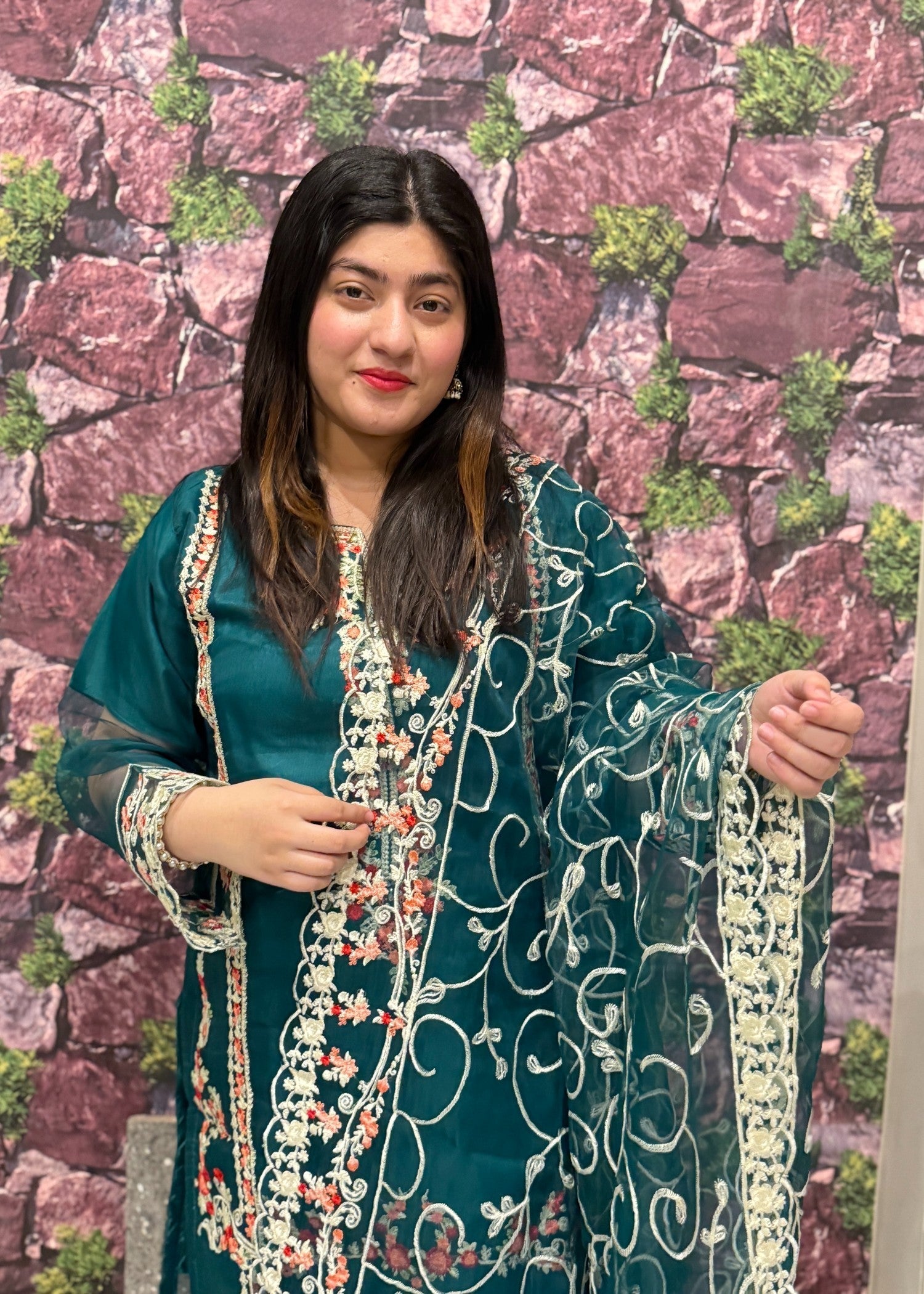 organza Kurta Set in Dark cyan