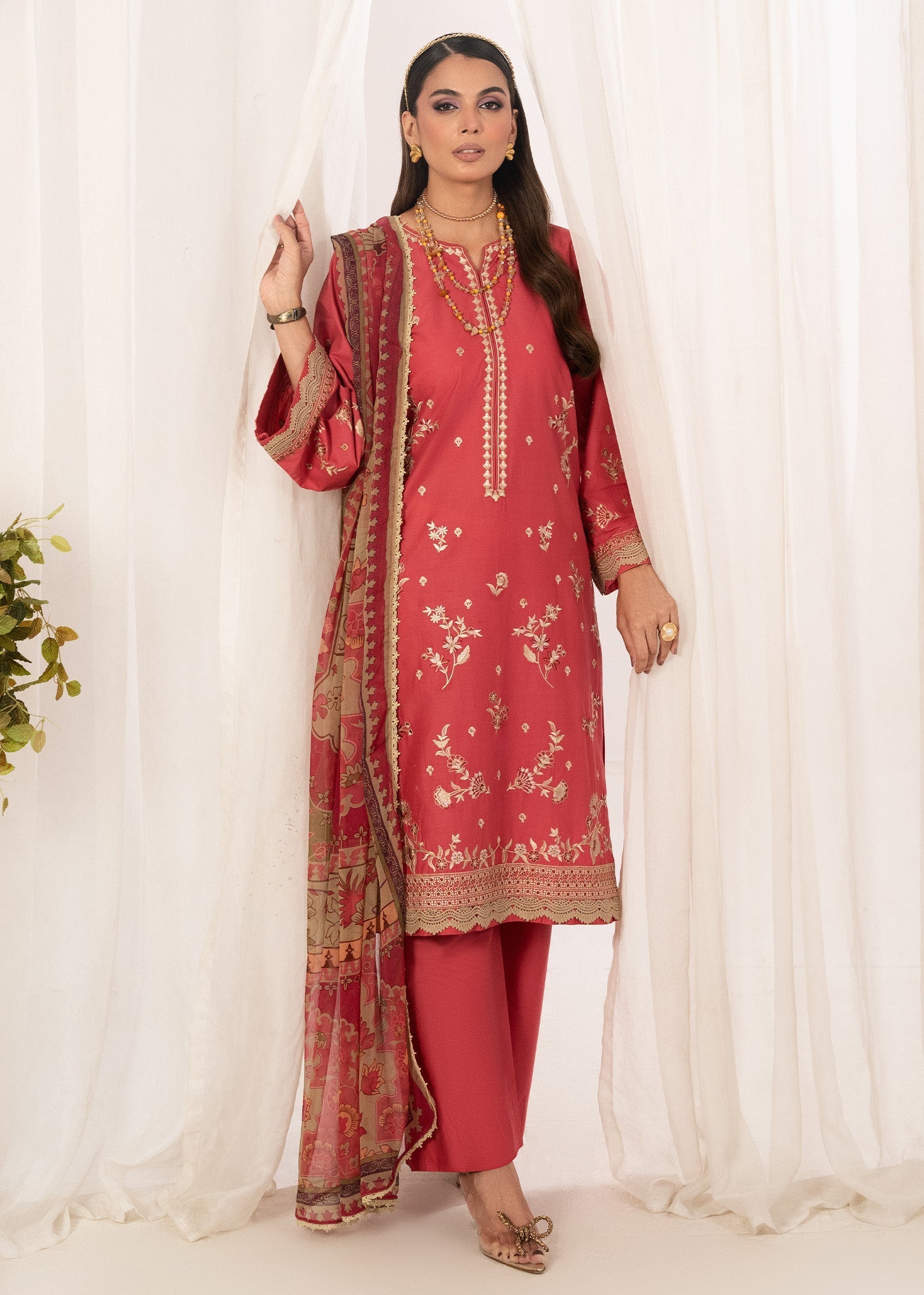cambric cotton Kurta Set in Coral pink