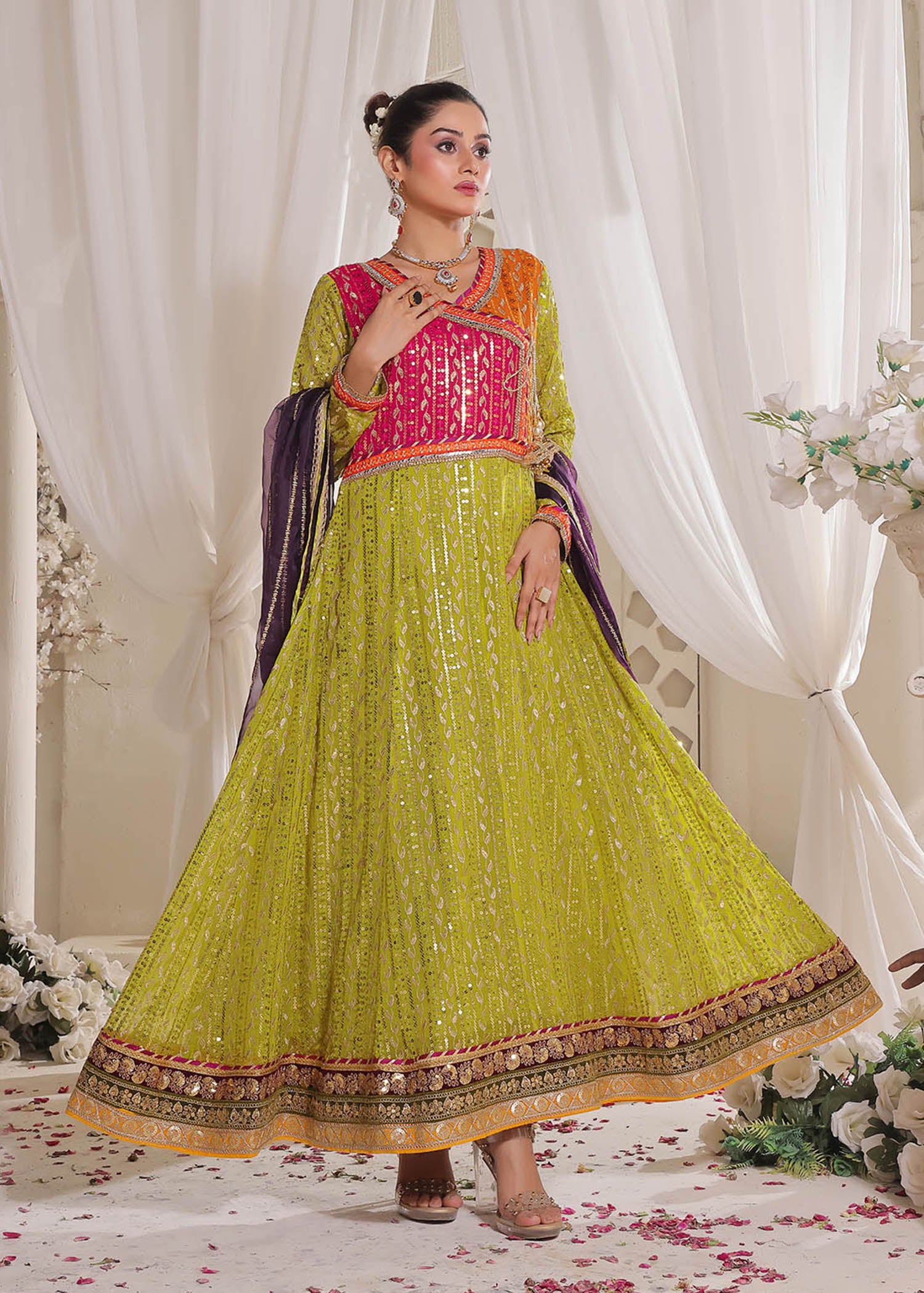 chiffon Angrakha in Green