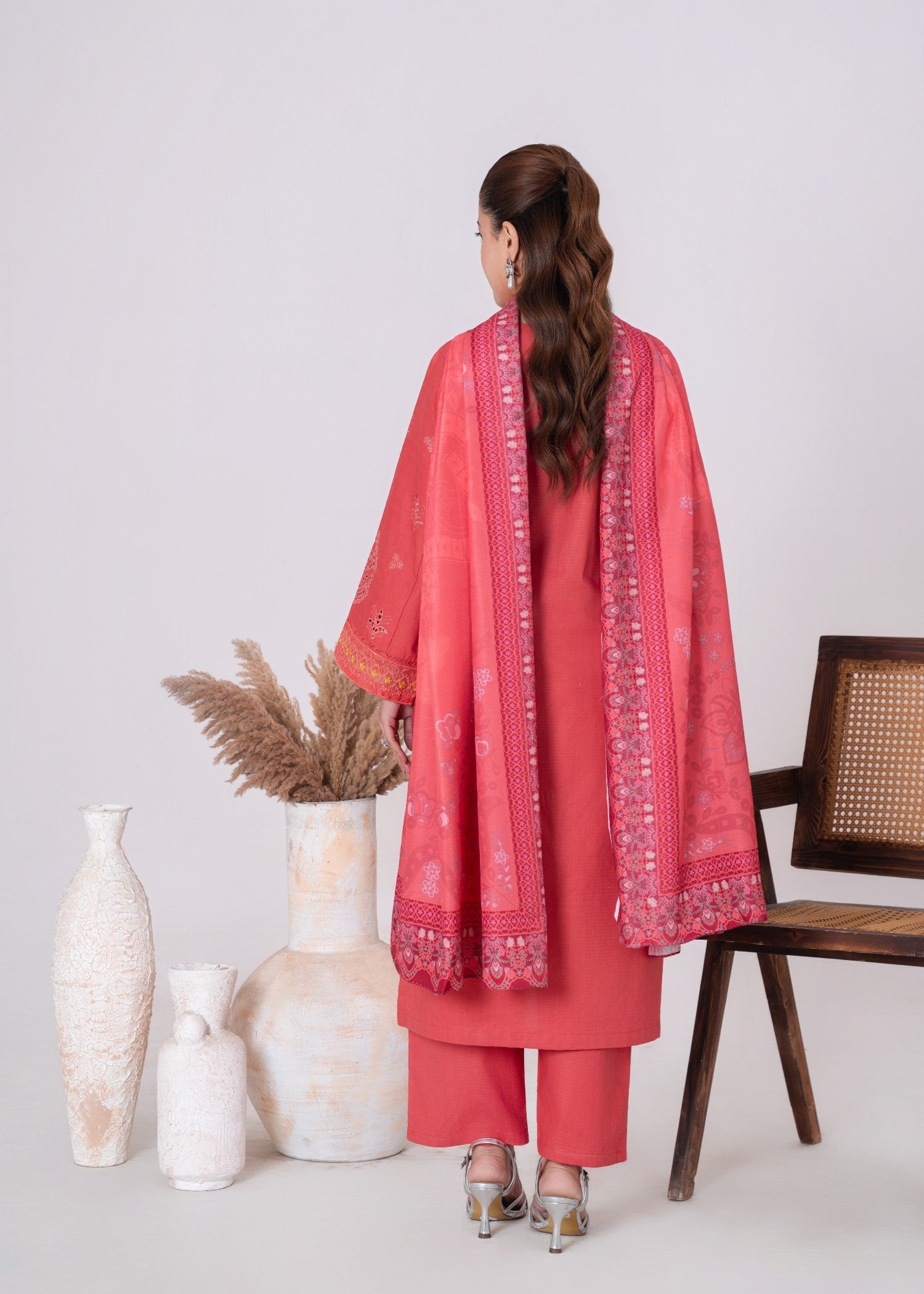 khaddar Kurta Set in Coral pink