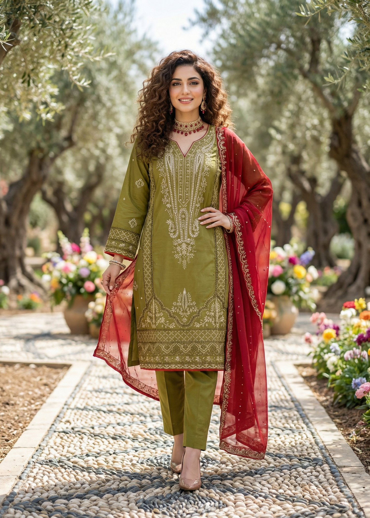 lawn Kurta Set in Olive green, maroon