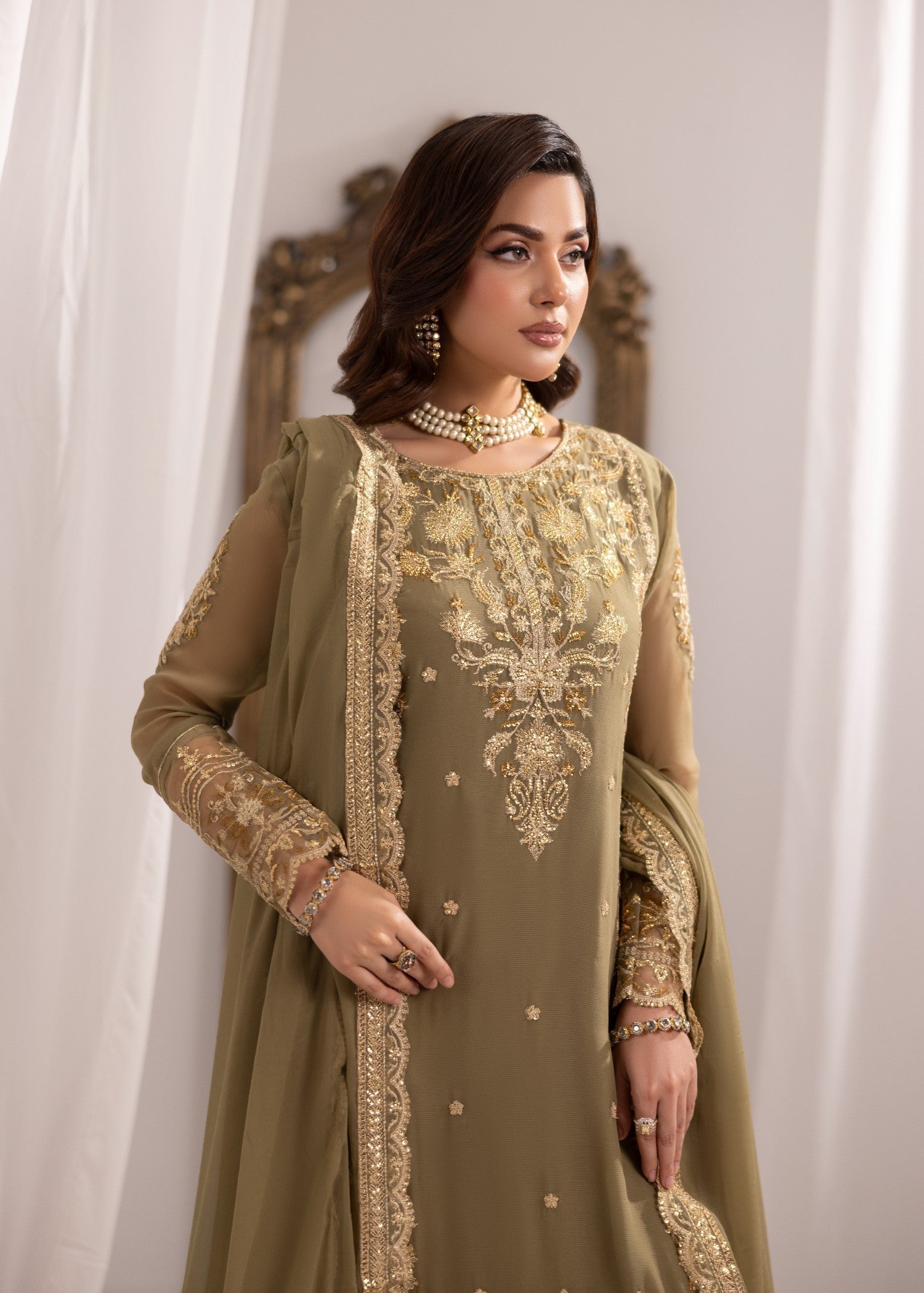 bemberg crinkle chiffon Kurta Set in Sage green