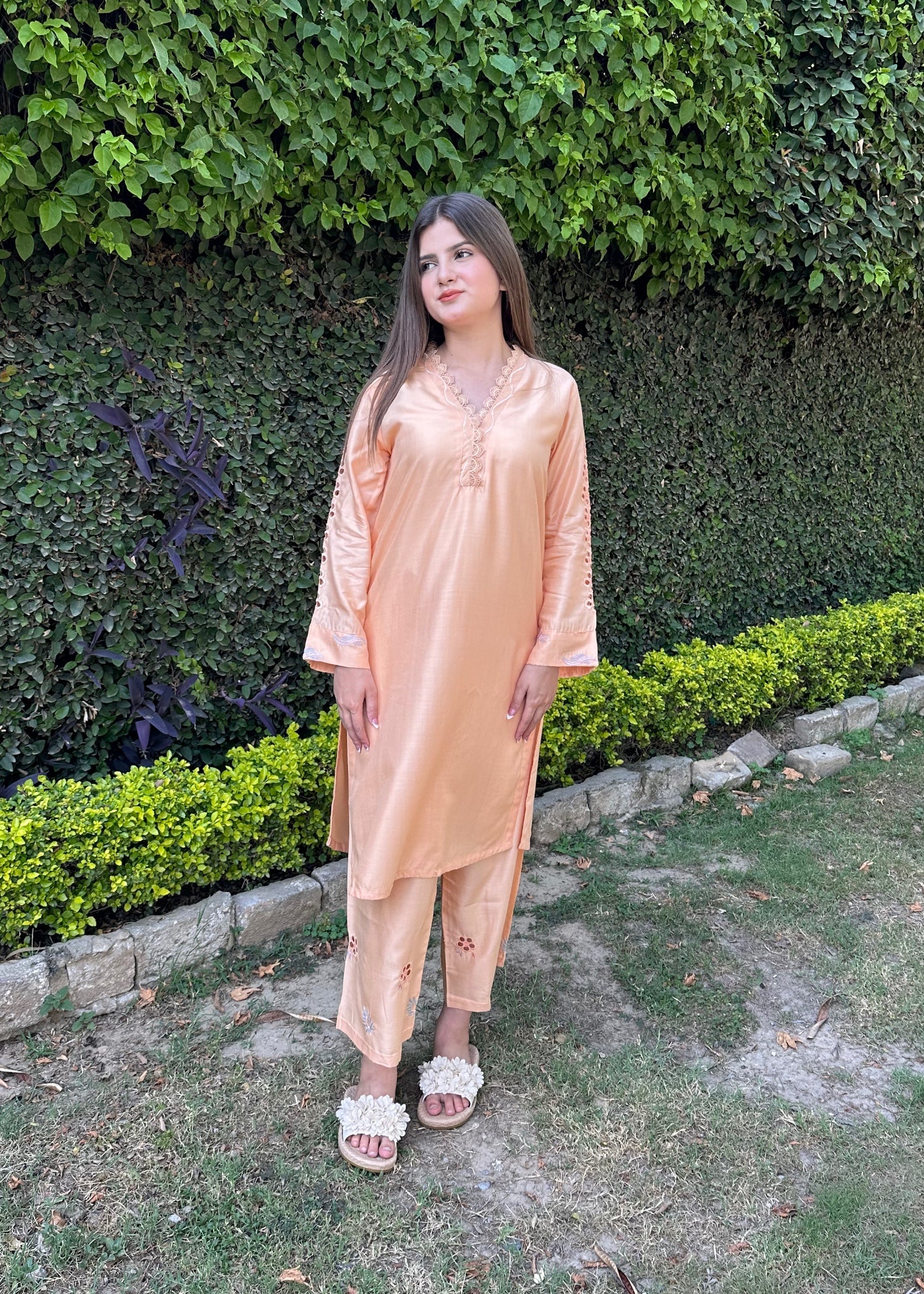 arabic lawn Kurta Set in Peach orange