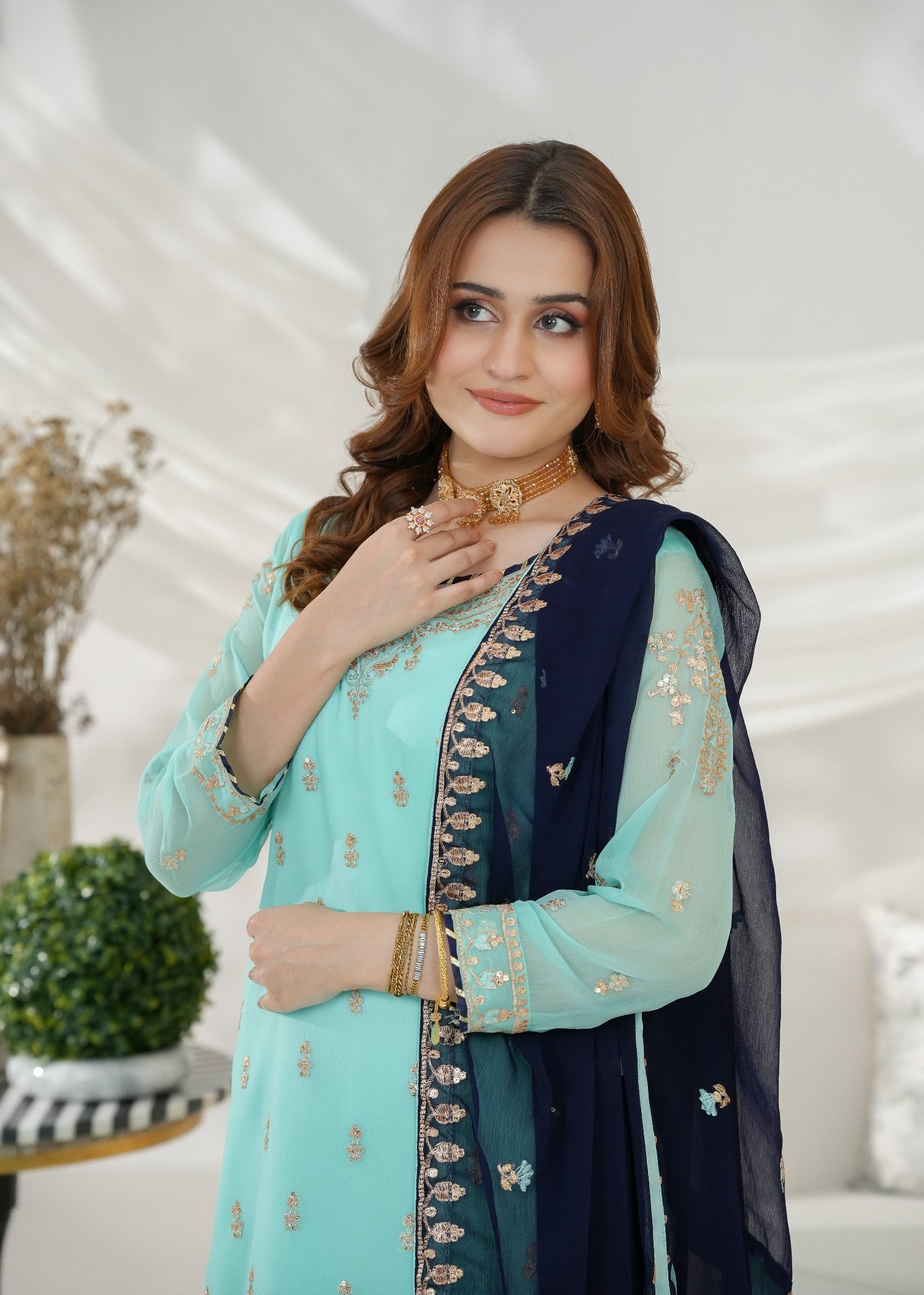 chiffon Kurta Set in Aquamarine, navy blue