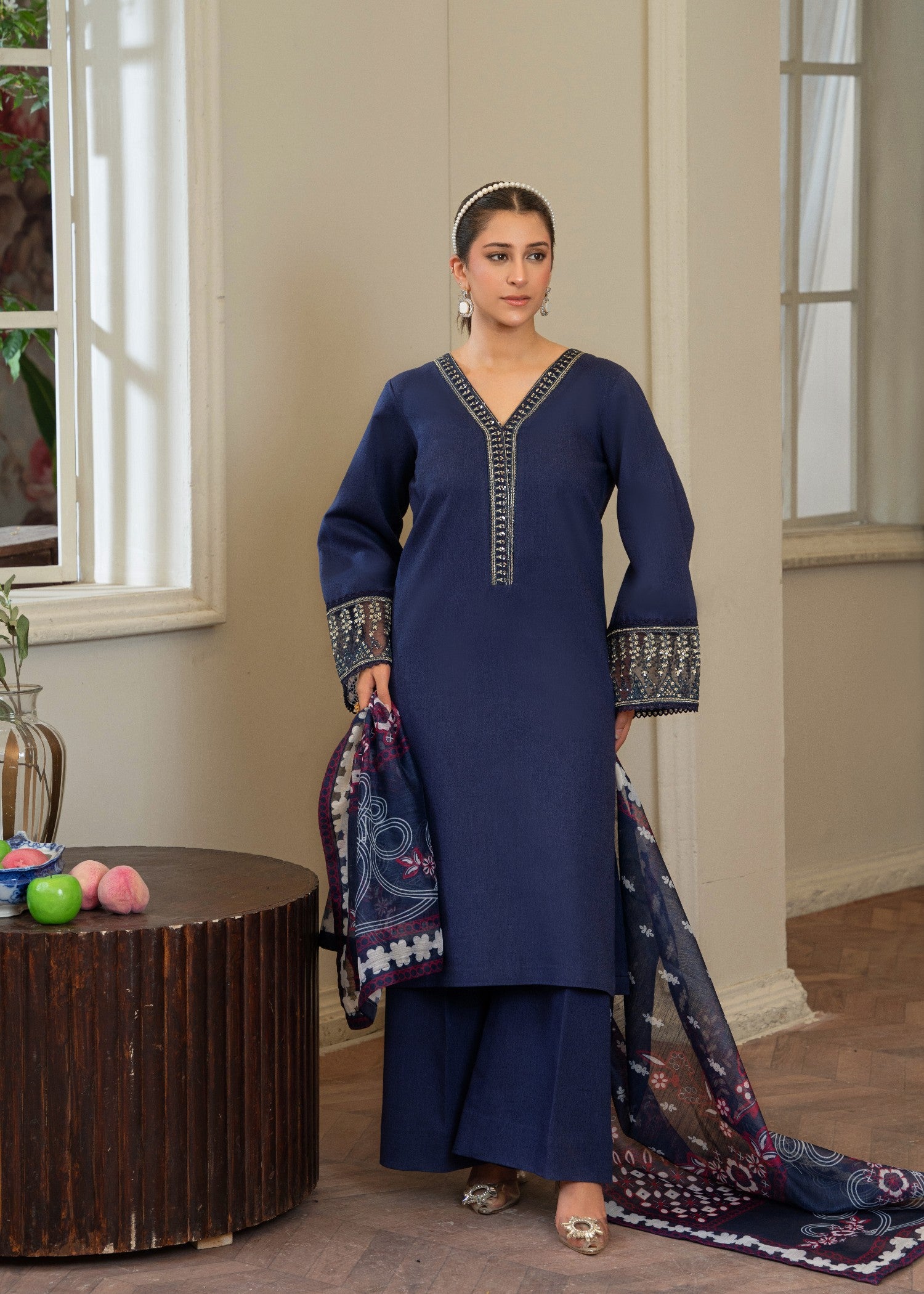 lawn karandi Kurta Set in Blue jay