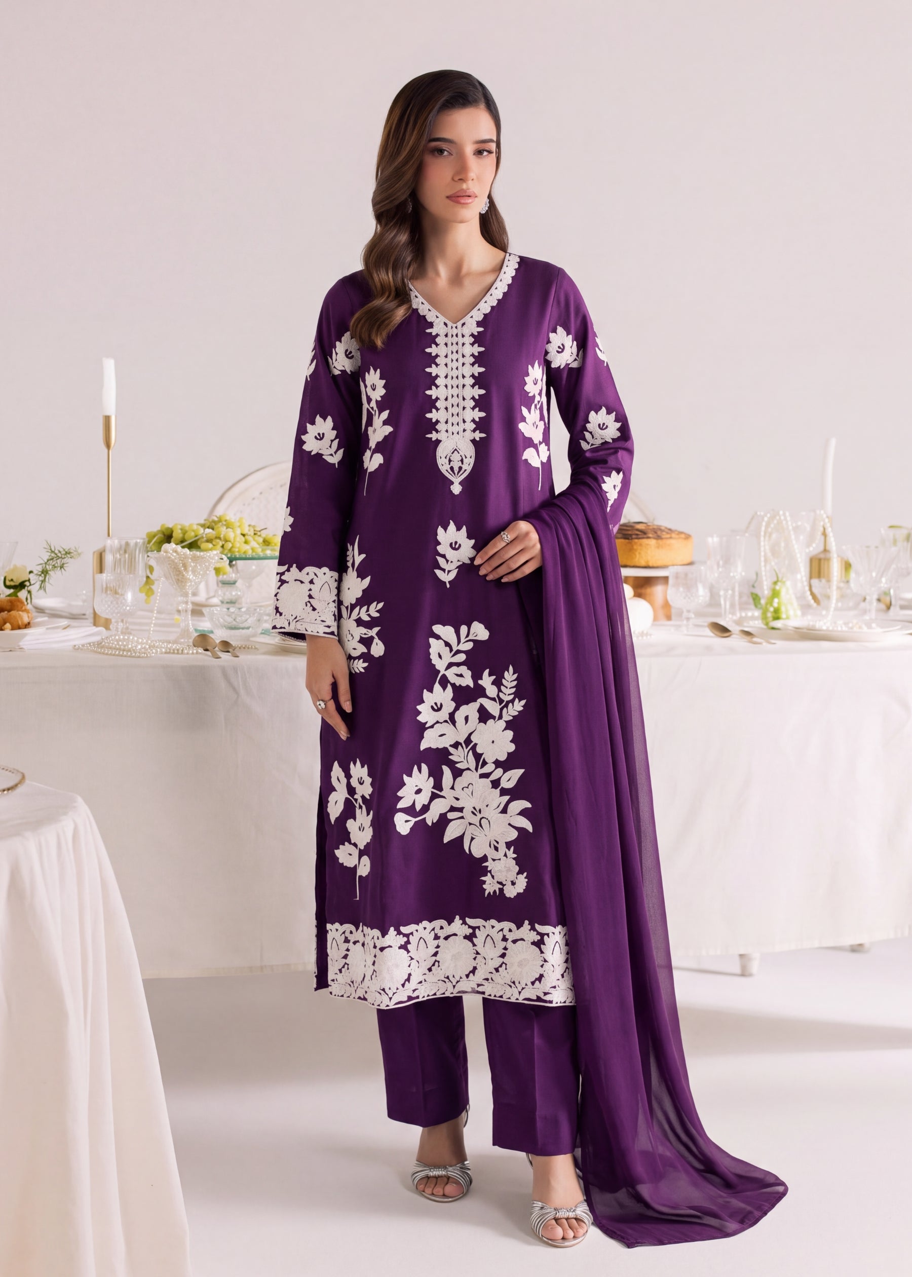 linen Kurta Set in Plum purple