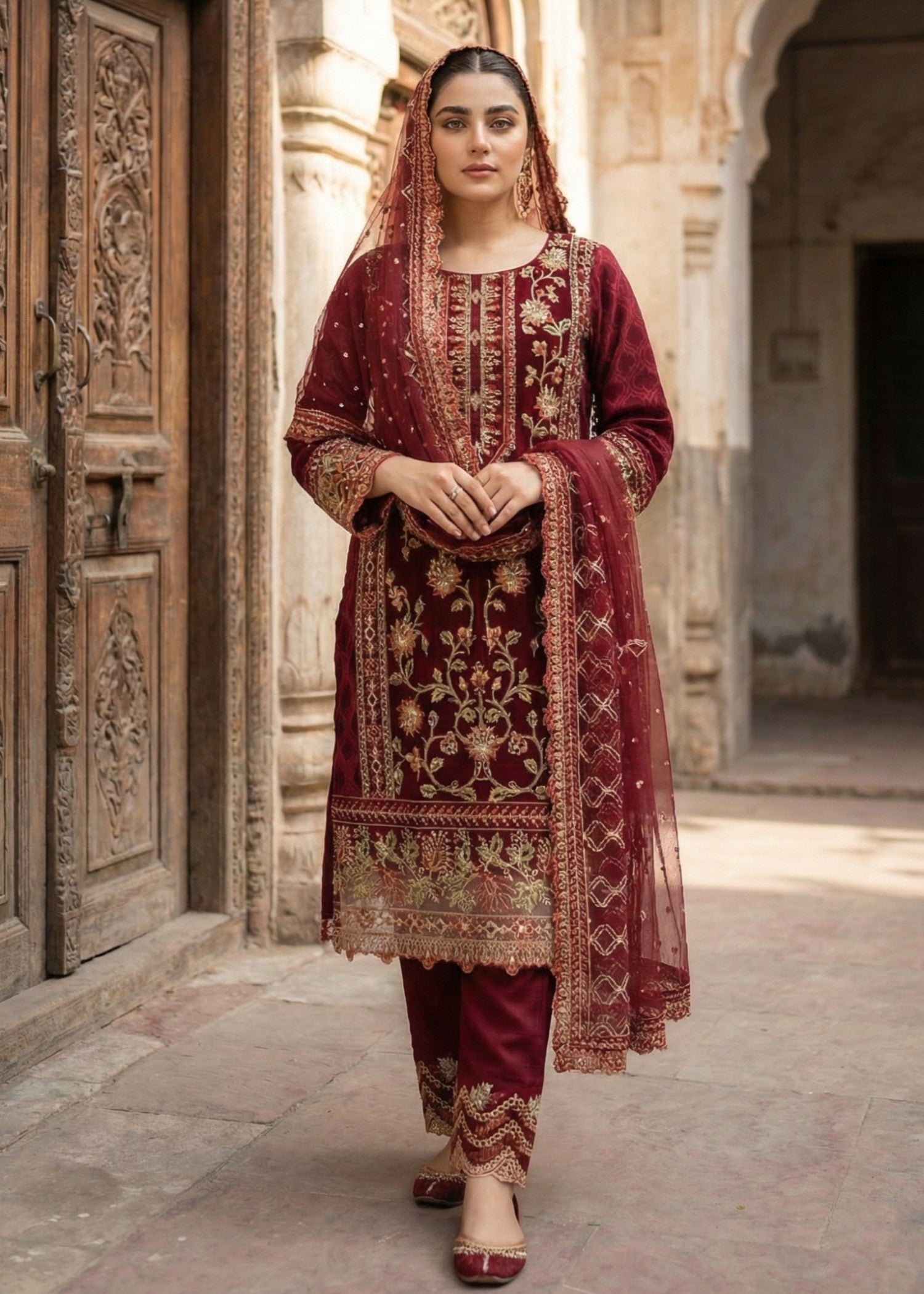 jacquard organza Kurta Set in Maroon