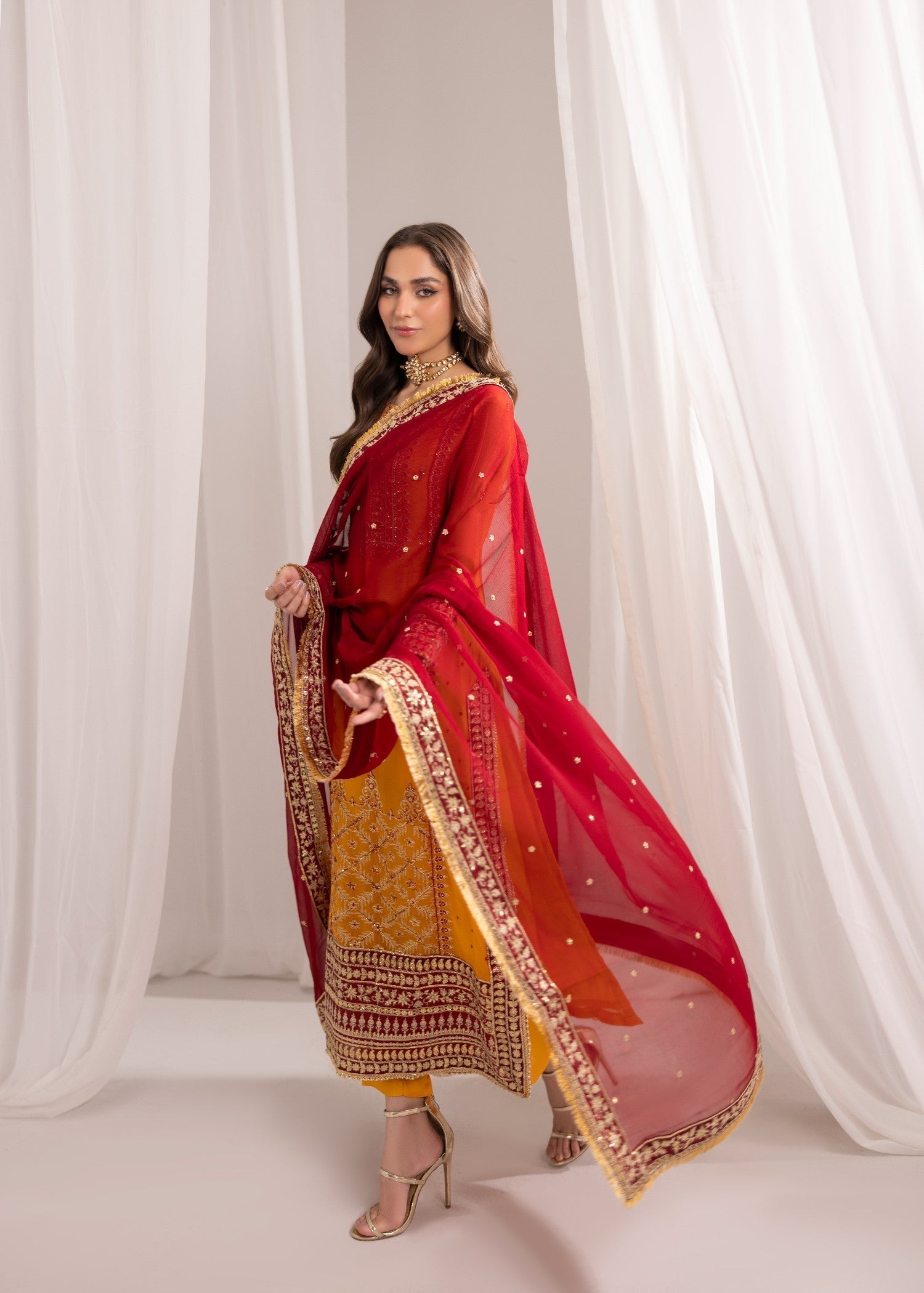 bemberg crinkle chiffon Kurta Set in Mustard, maroon