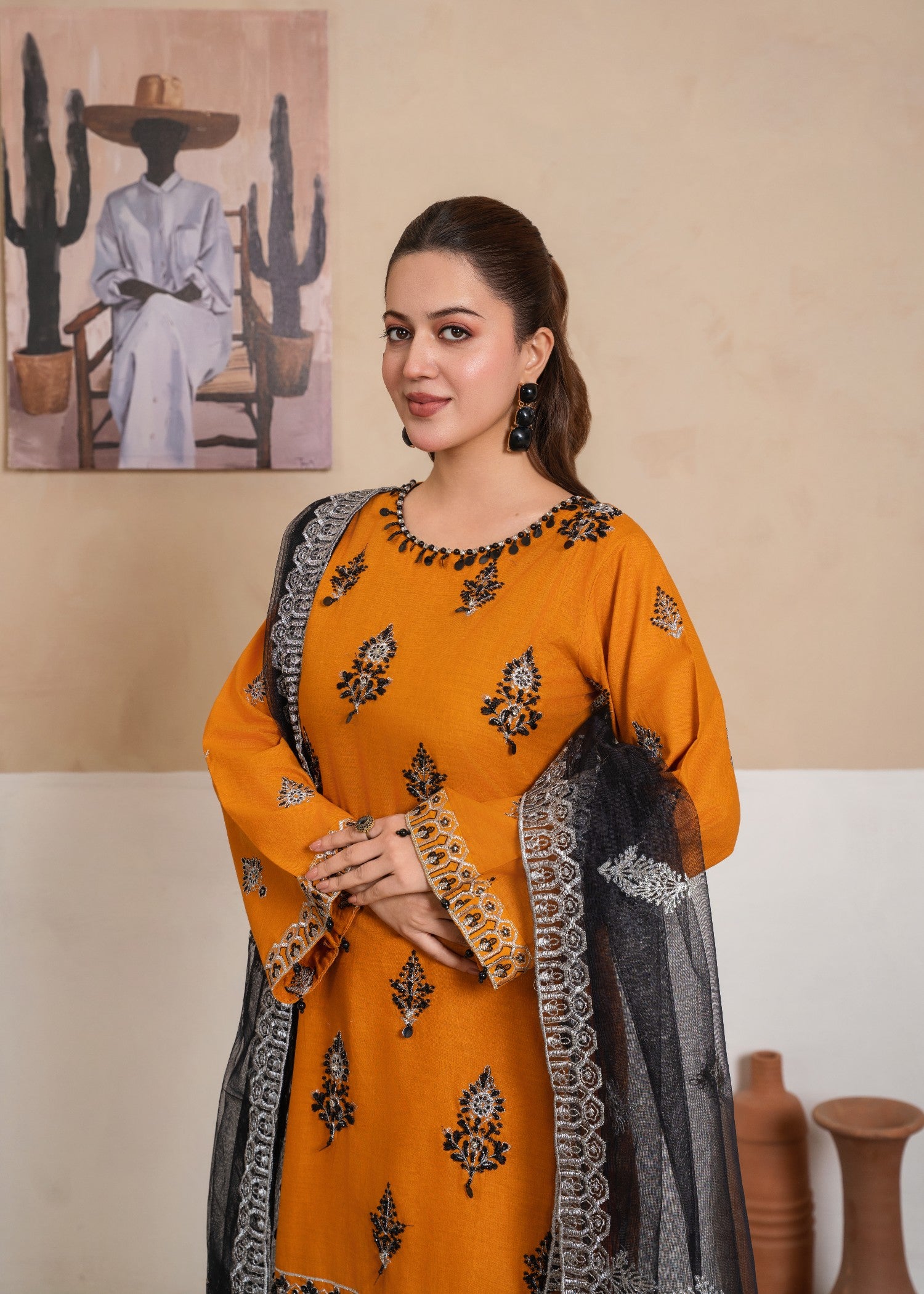 cambric cotton Kurta Set in Orange