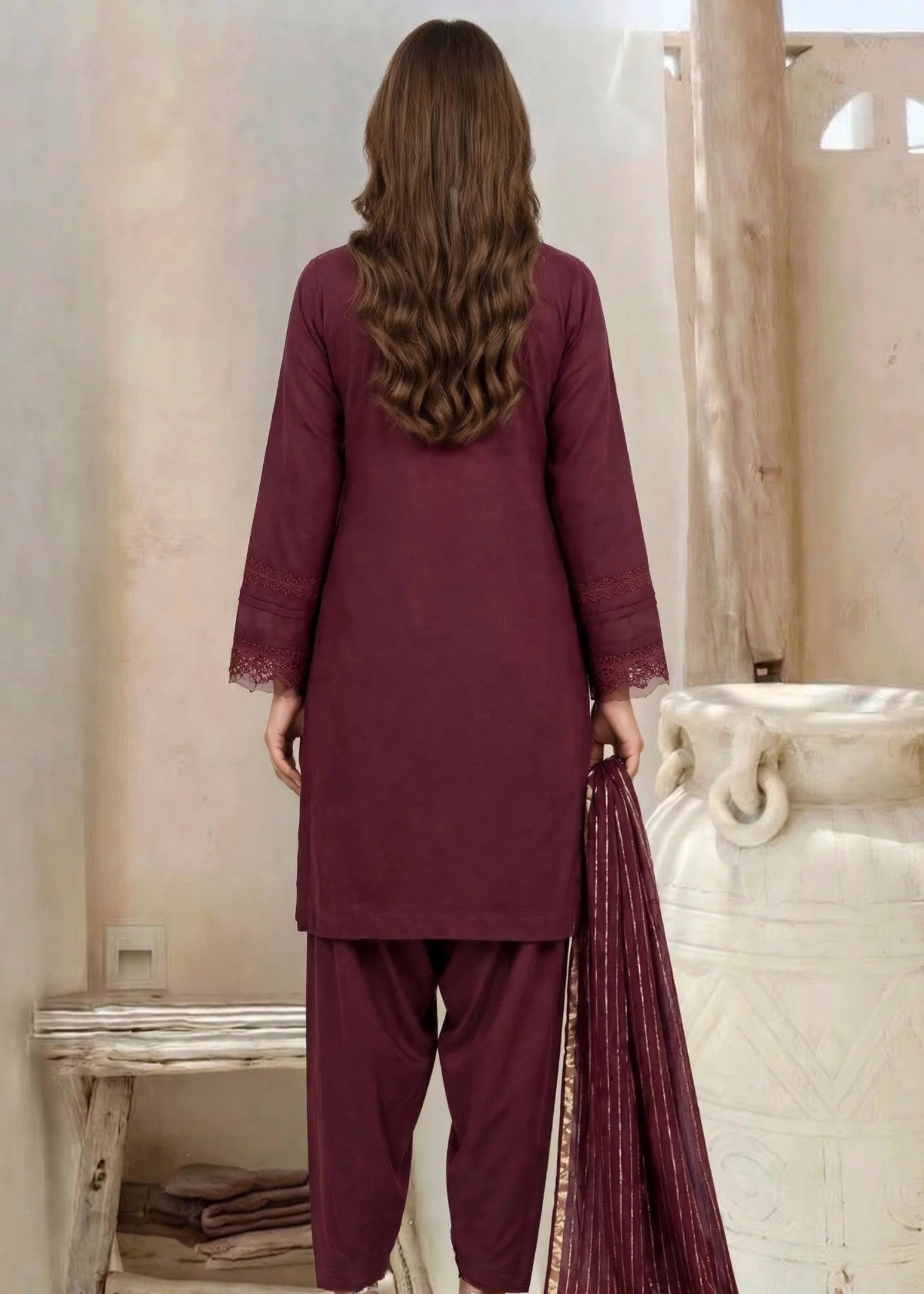 linen Kurta Set in Burgundy
